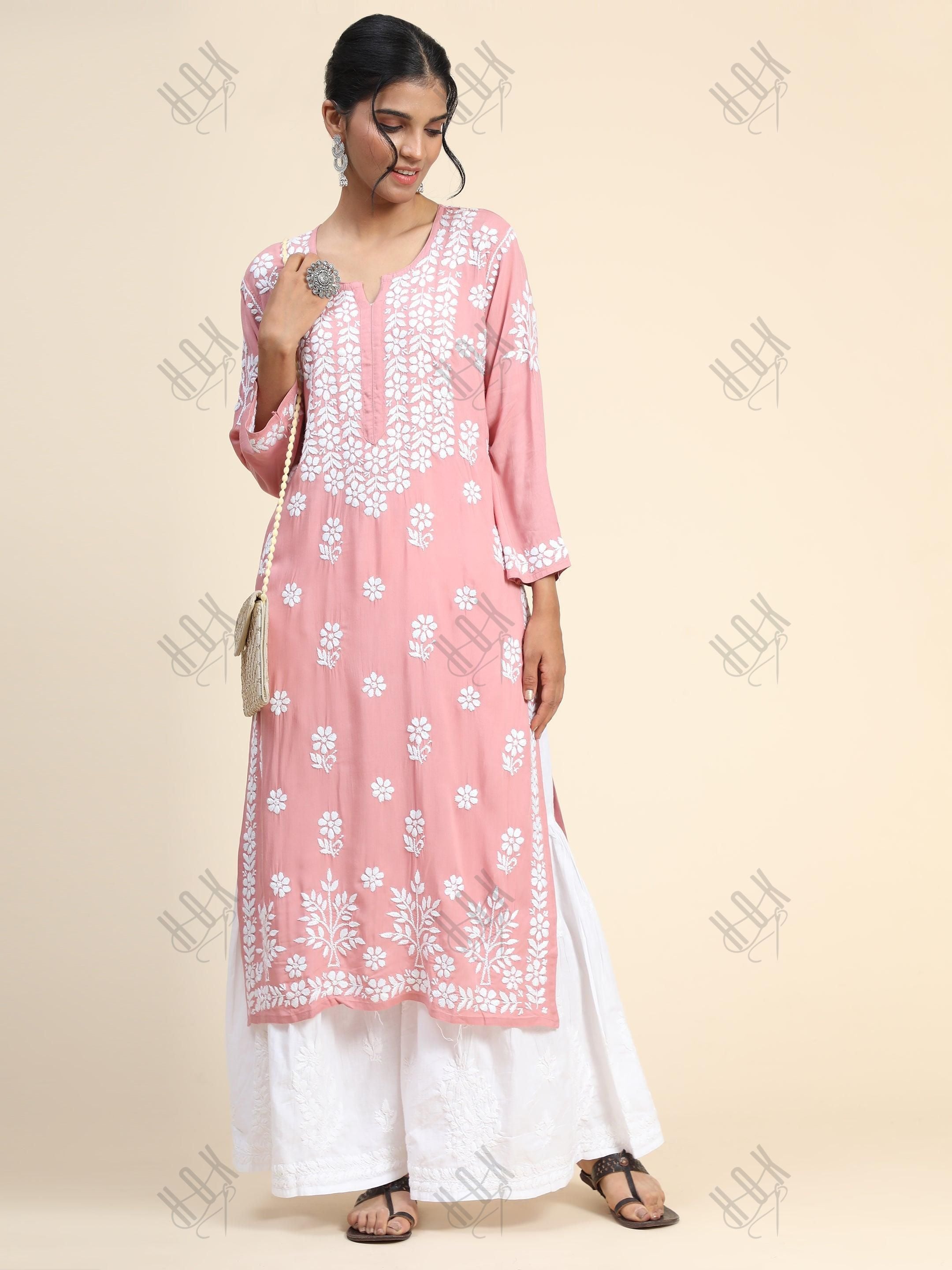 Arti Chauhan in Premium Hand Embroidery Chikankari Kurta Modal Cotton- Pink - House Of Kari (Chikankari Clothing)