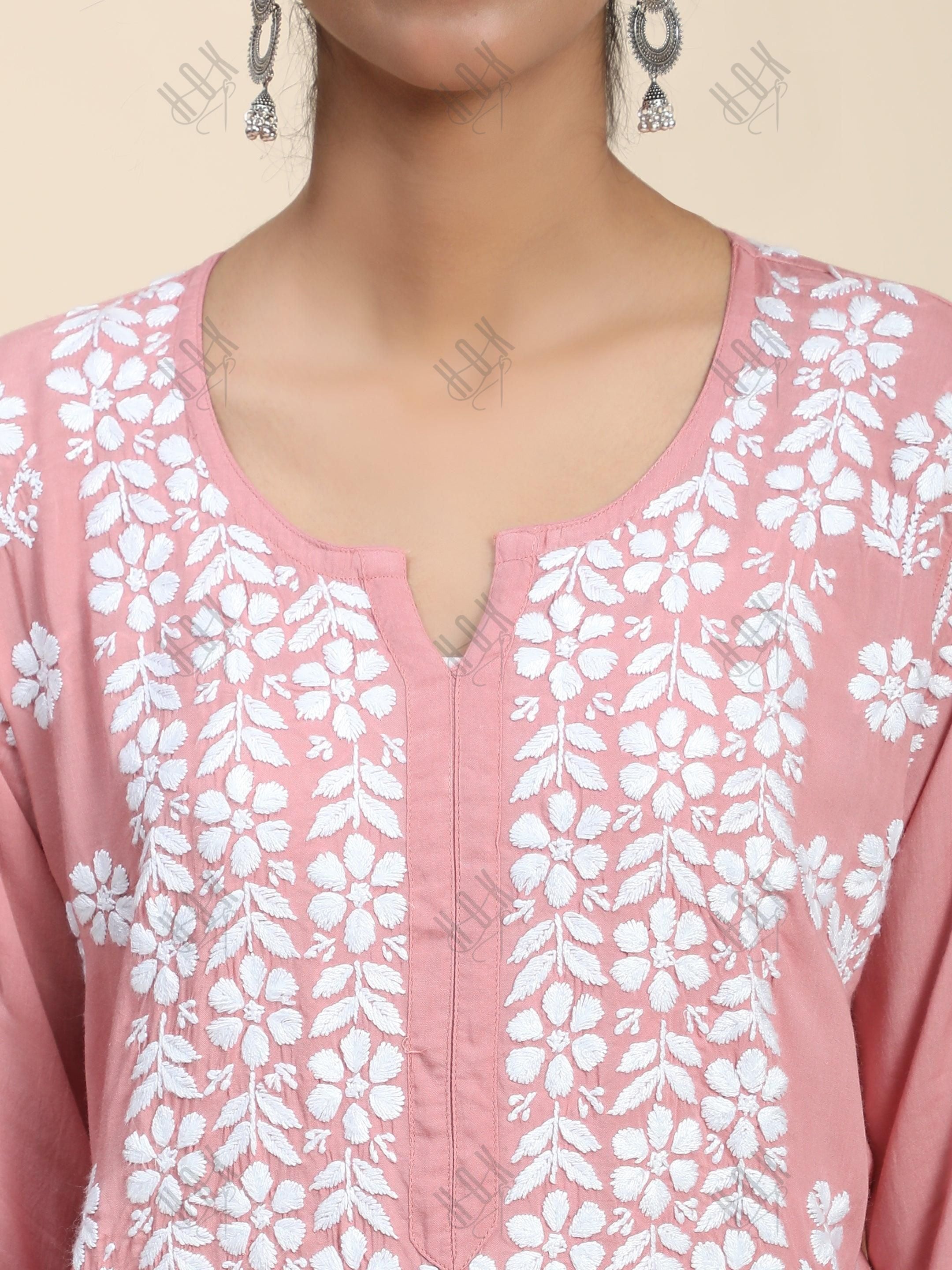 Arti Chauhan in Premium Hand Embroidery Chikankari Kurta Modal Cotton- Pink - House Of Kari (Chikankari Clothing)