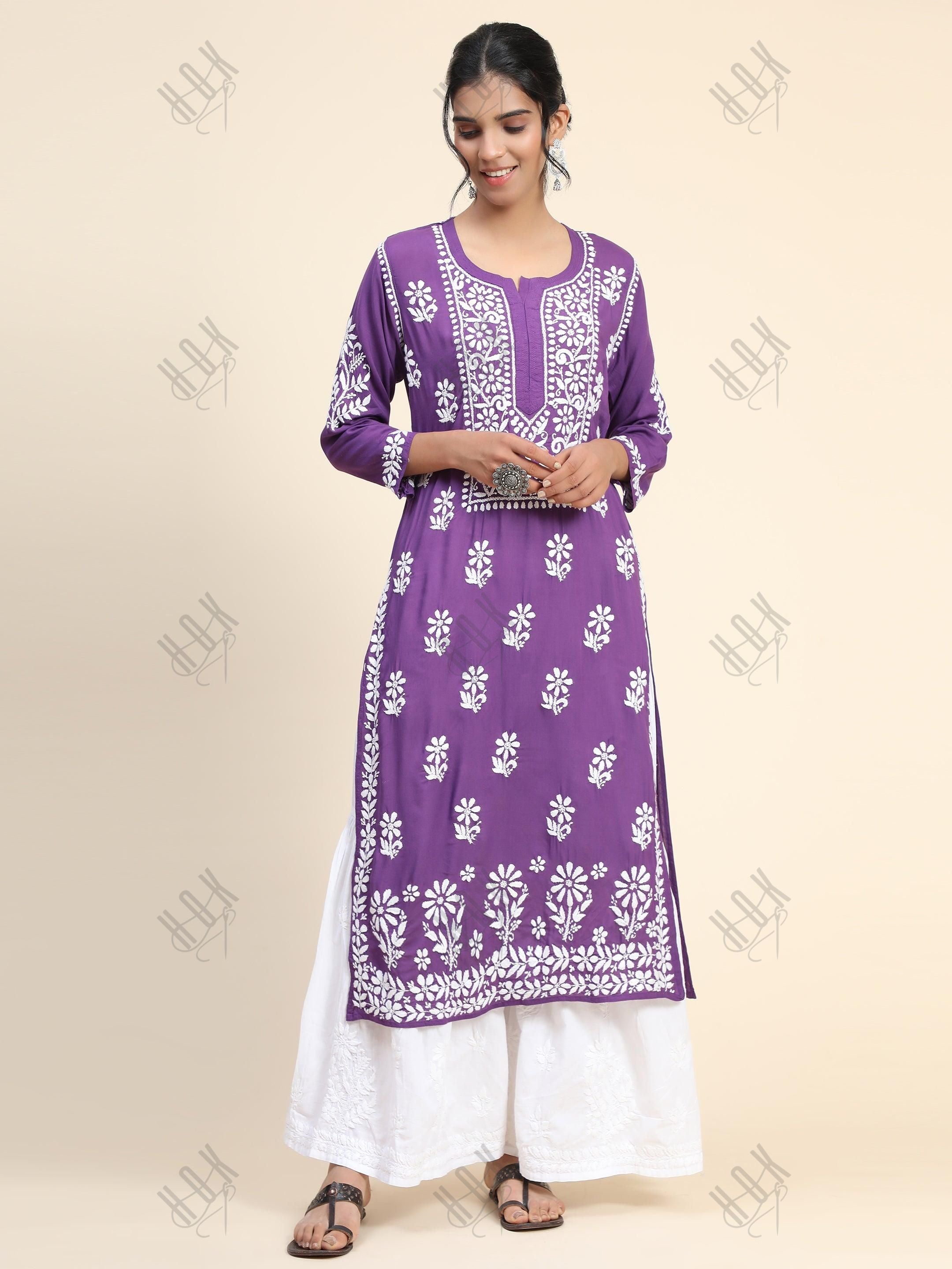 Premium Hand Embroidery Chikankari Kurta Modal Cotton- Purple - House Of Kari (Chikankari Clothing)