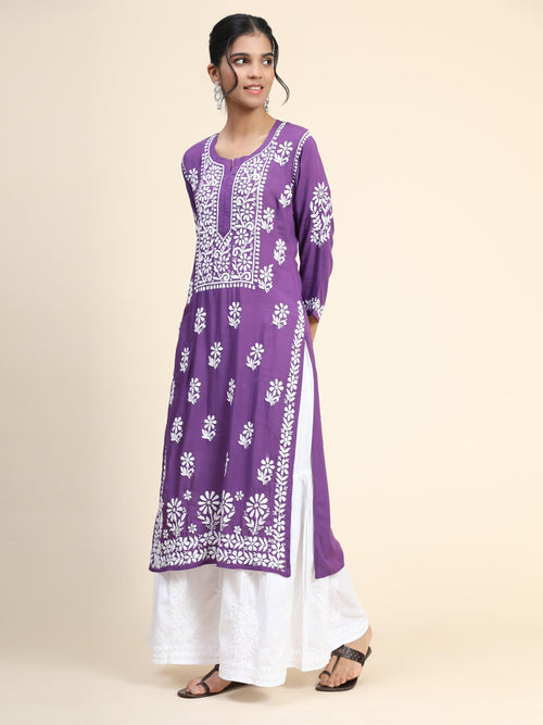 Premium Hand Embroidery Chikankari Kurta Modal Cotton- Purple - House Of Kari (Chikankari Clothing)