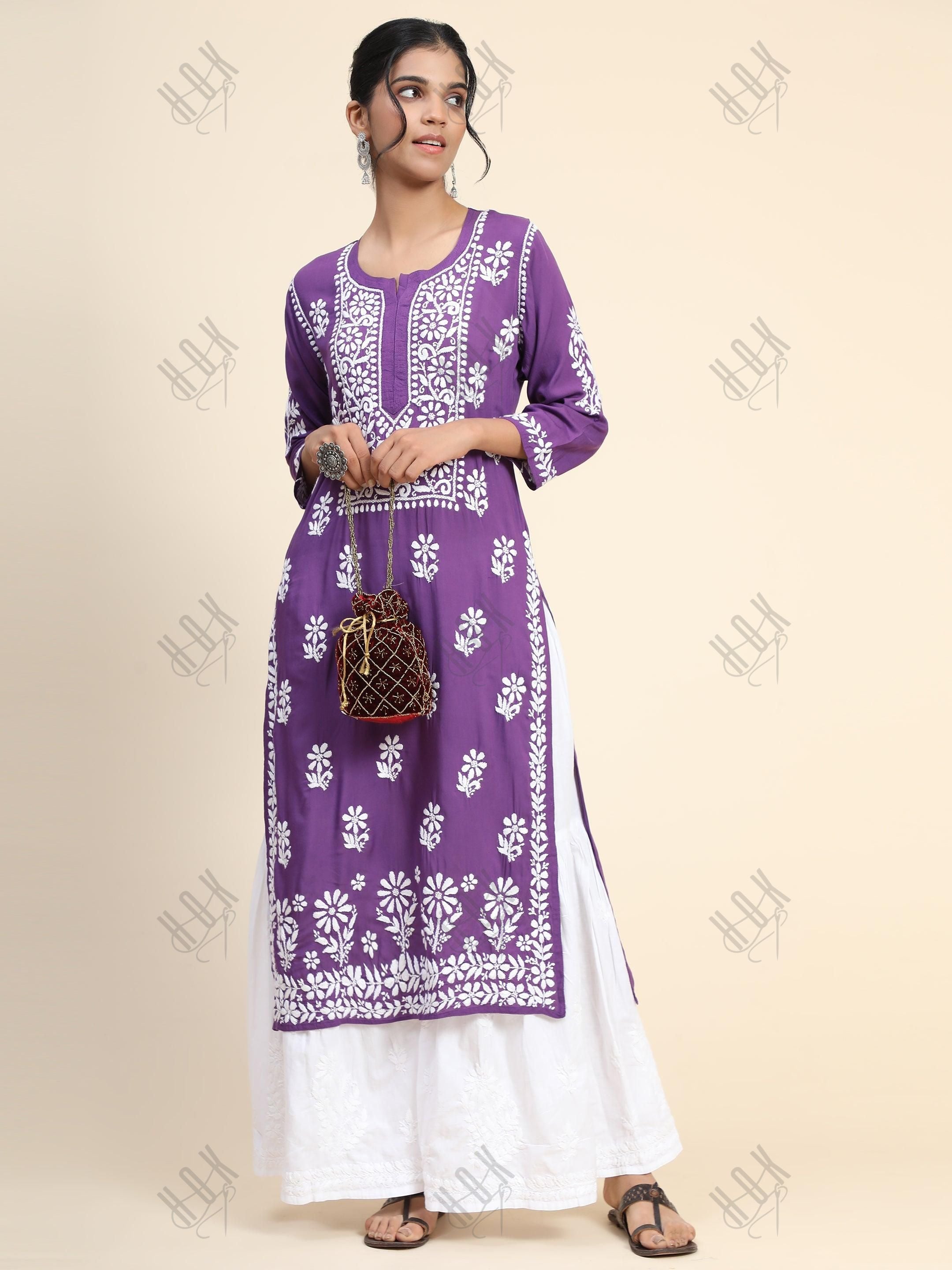 Premium Hand Embroidery Chikankari Kurta Modal Cotton- Purple - House Of Kari (Chikankari Clothing)