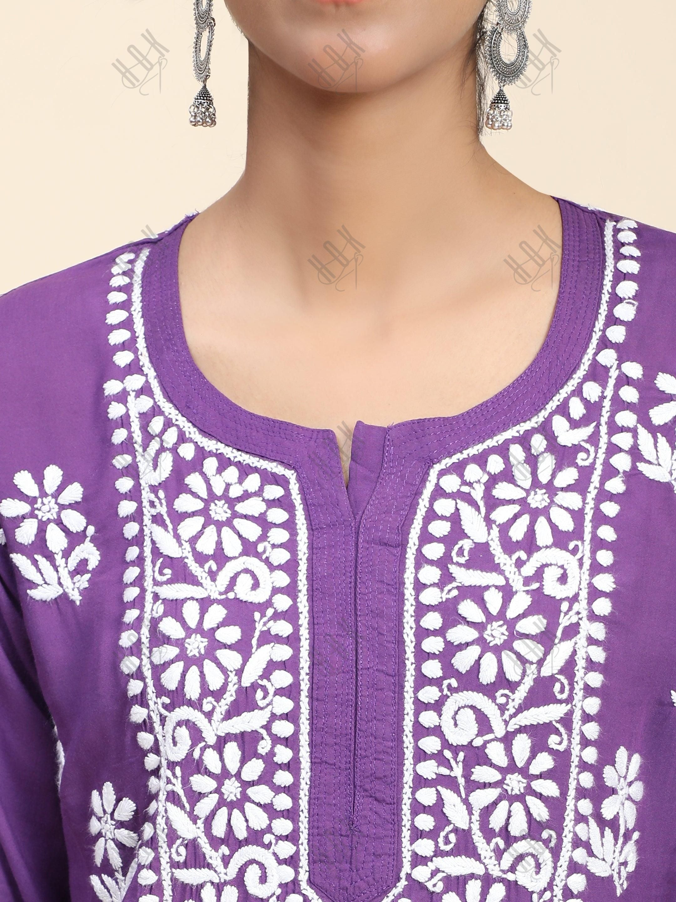 Premium Hand Embroidery Chikankari Kurta Modal Cotton- Purple - House Of Kari (Chikankari Clothing)