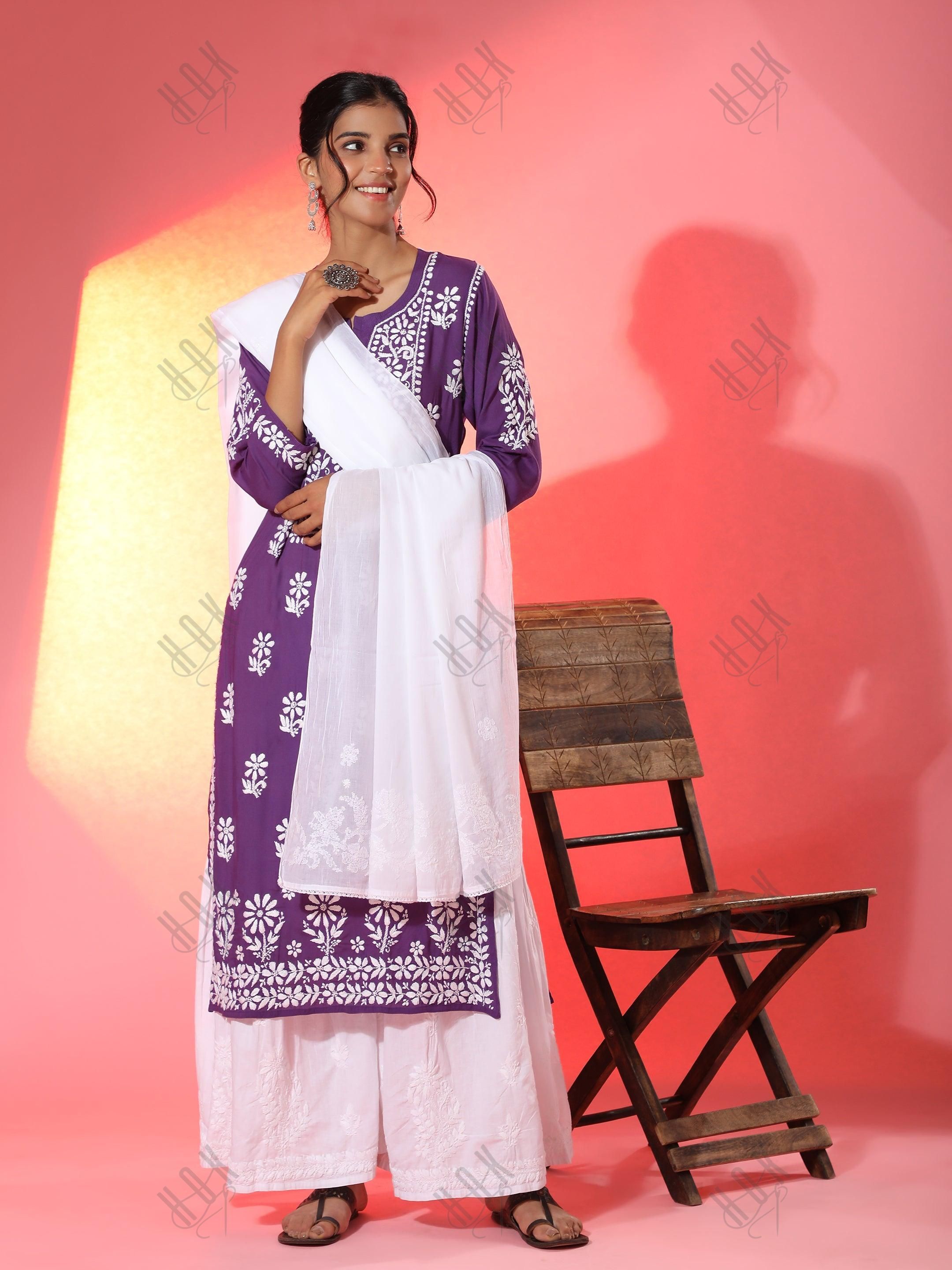 Premium Hand Embroidery Chikankari Kurta Modal Cotton- Purple - House Of Kari (Chikankari Clothing)