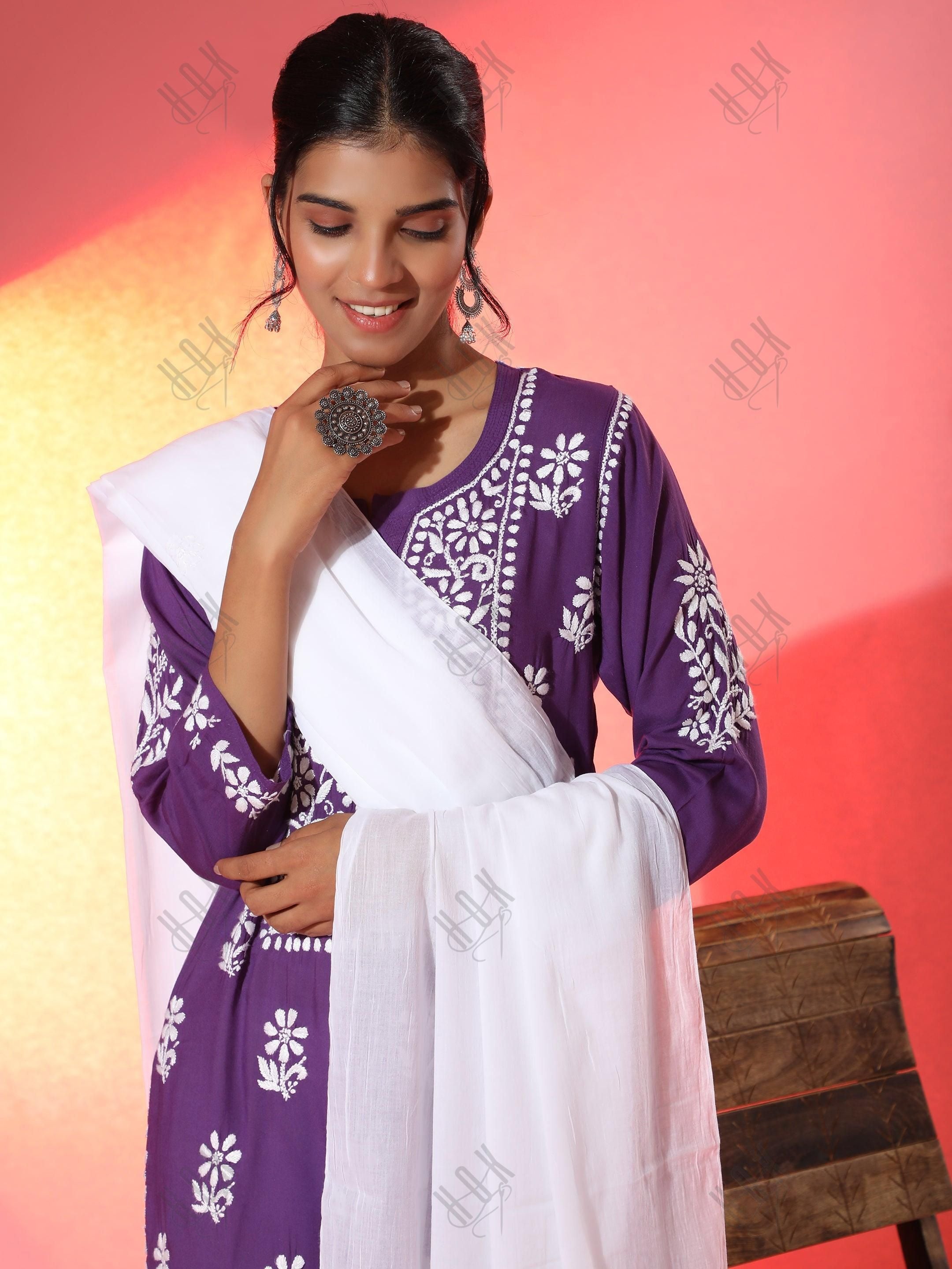 Premium Hand Embroidery Chikankari Kurta Modal Cotton- Purple - House Of Kari (Chikankari Clothing)