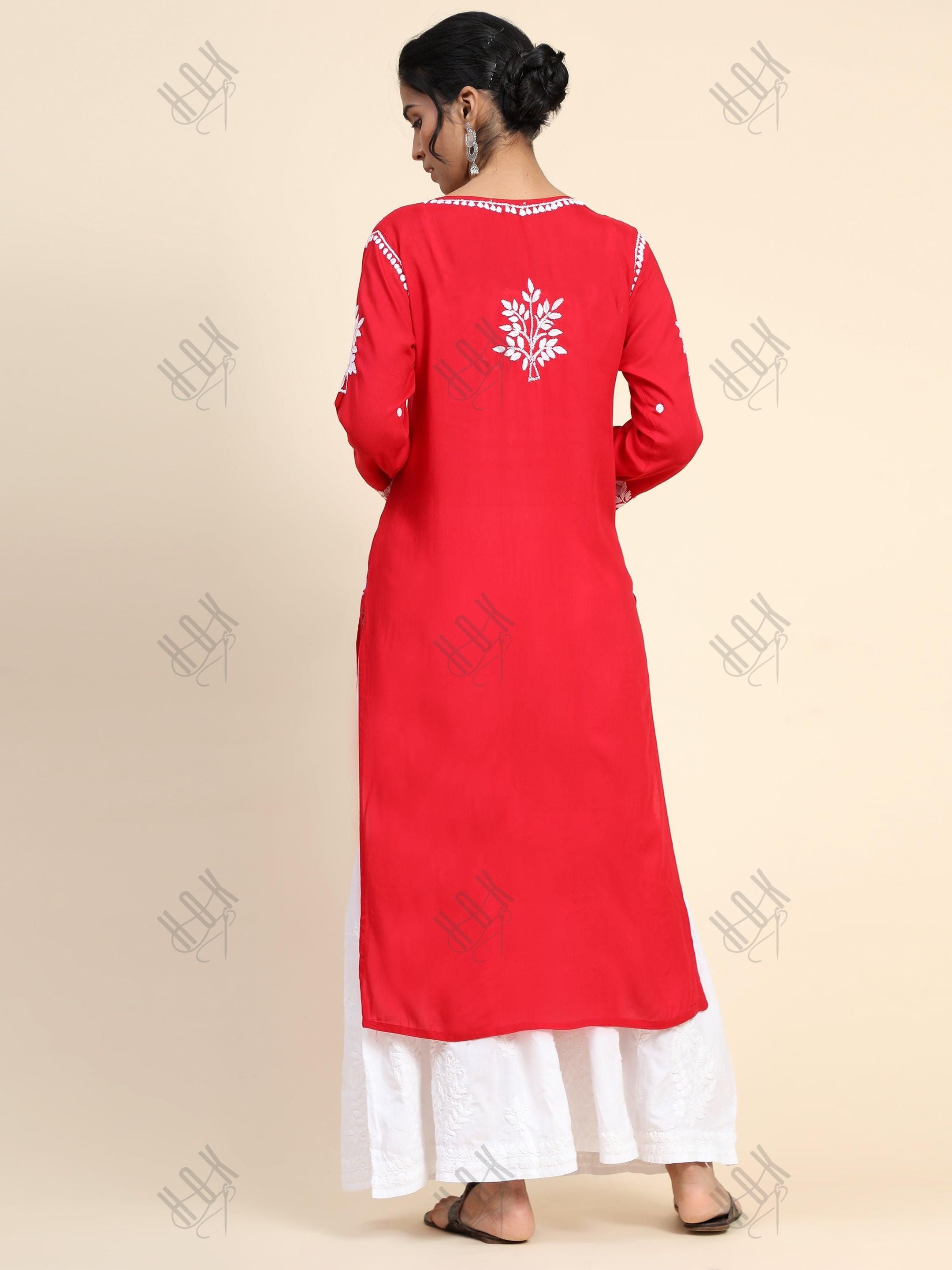 Samma Premium Hand Embroidery Chikankari Kurta in Modal Cotton- Red - House Of Kari (Chikankari Clothing)