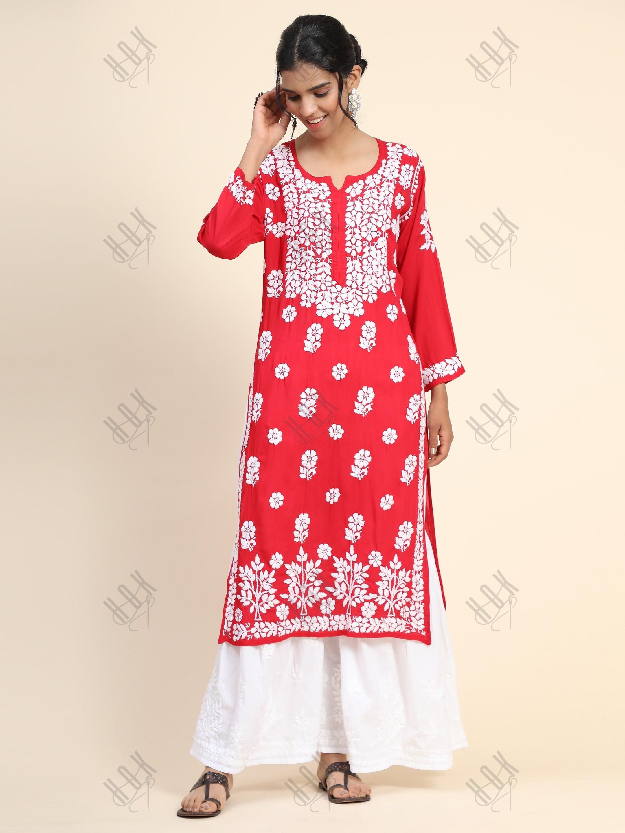 Samma Premium Hand Embroidery Chikankari Kurta in Modal Cotton- Red - House Of Kari (Chikankari Clothing)