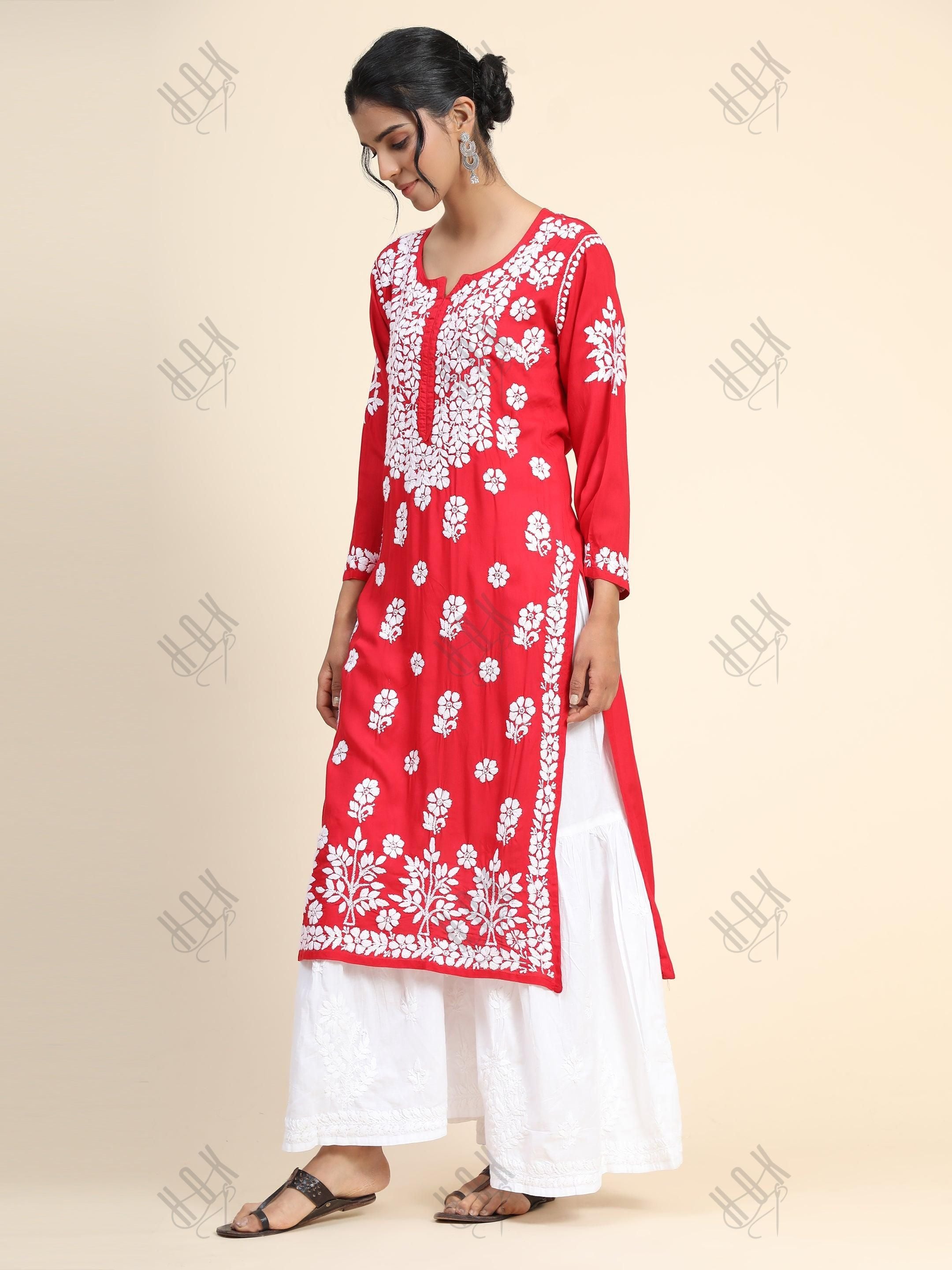 Samma Premium Hand Embroidery Chikankari Kurta in Modal Cotton- Red - House Of Kari (Chikankari Clothing)