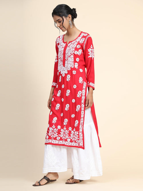 Load image into Gallery viewer, Miesha Iyer in Premium Hand Embroidery Chikankari Kurta Modal Cotton- Red - House Of Kari (Chikankari Clothing)
