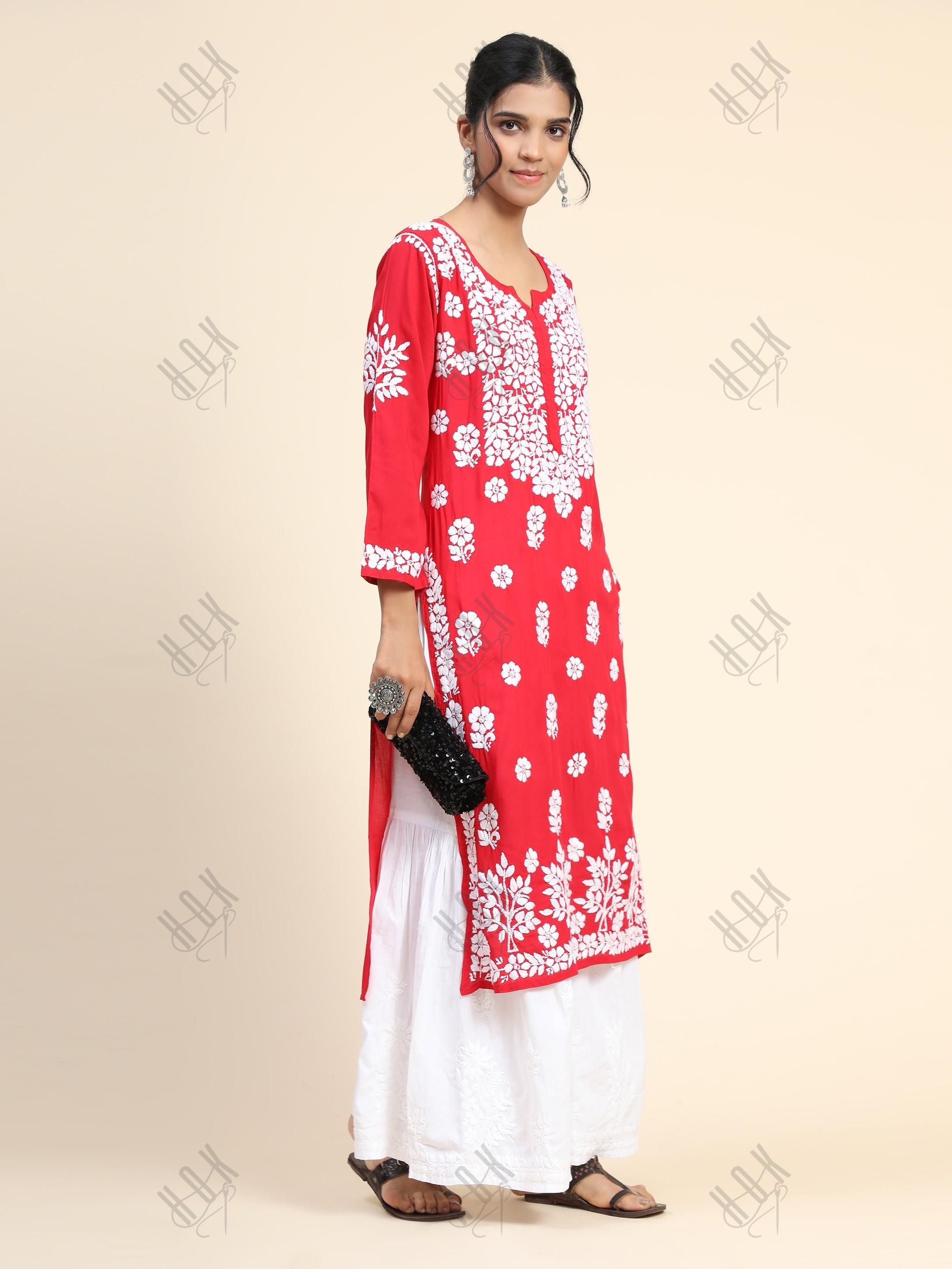 Samma Premium Hand Embroidery Chikankari Kurta in Modal Cotton- Red - House Of Kari (Chikankari Clothing)