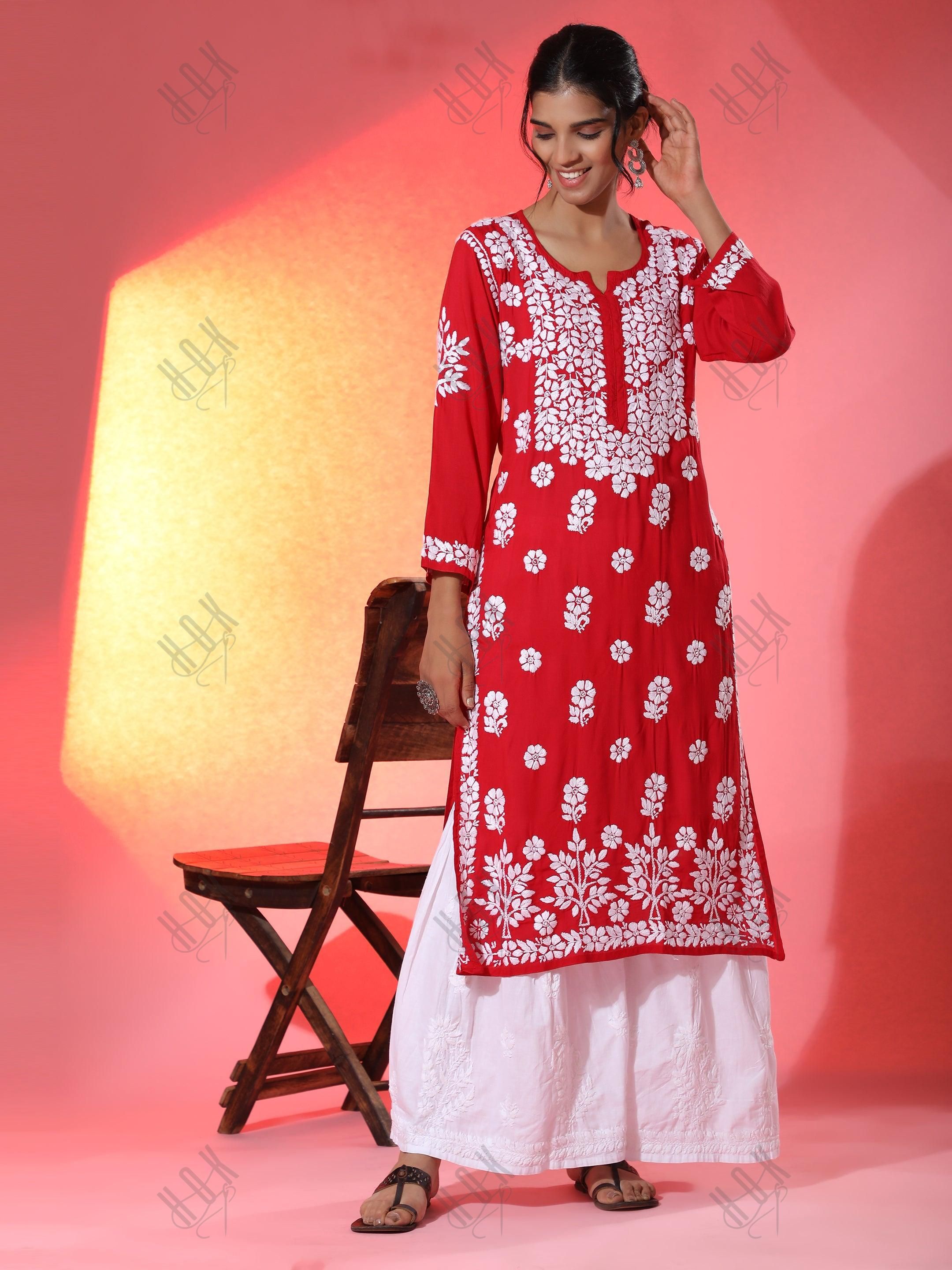 Samma Premium Hand Embroidery Chikankari Kurta in Modal Cotton- Red - House Of Kari (Chikankari Clothing)