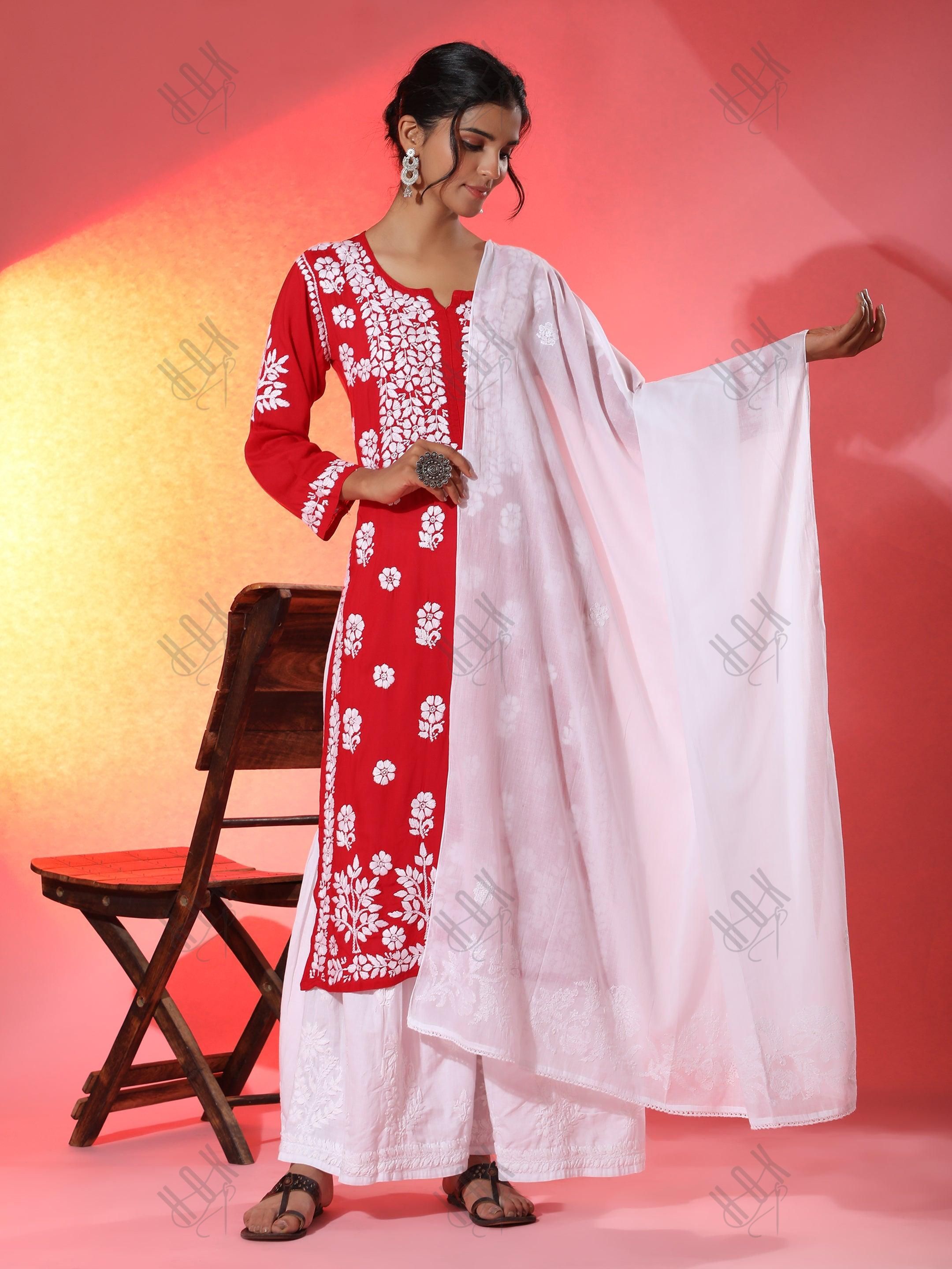 HOK Hand Embroidery Chikankari Dupatta in white - House Of Kari (Chikankari Clothing)