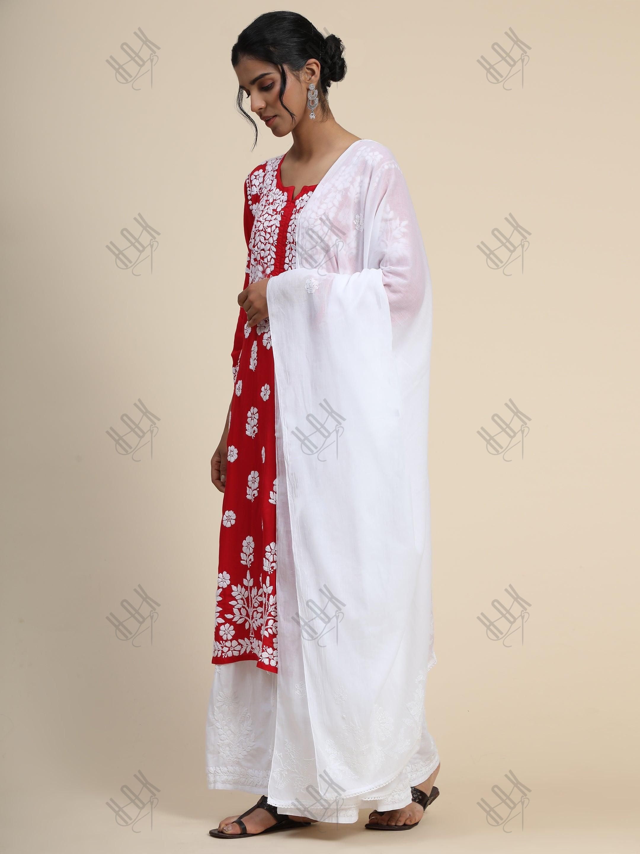 HOK Hand Embroidery Chikankari Dupatta in white - House Of Kari (Chikankari Clothing)