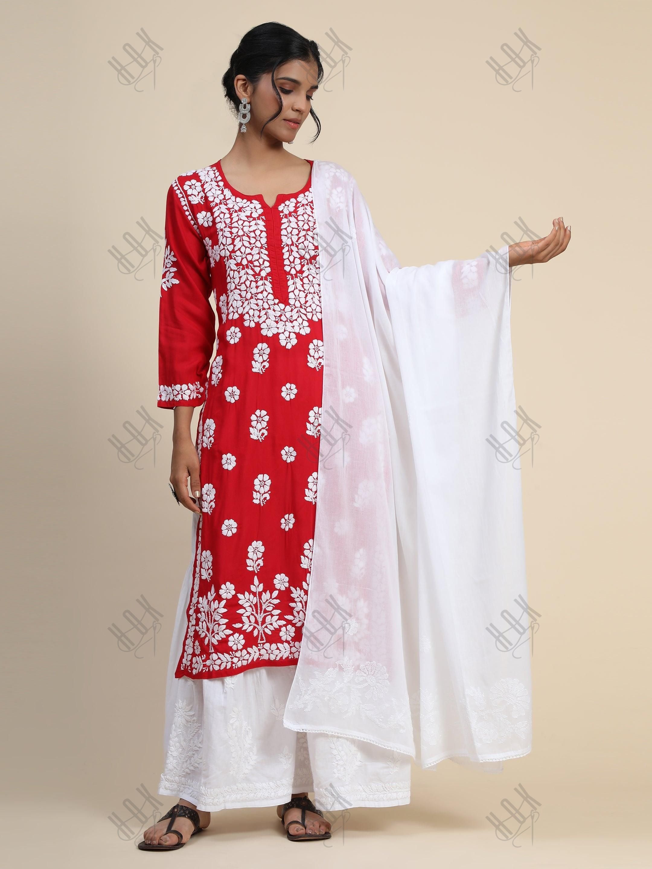 HOK Hand Embroidery Chikankari Dupatta in white - House Of Kari (Chikankari Clothing)