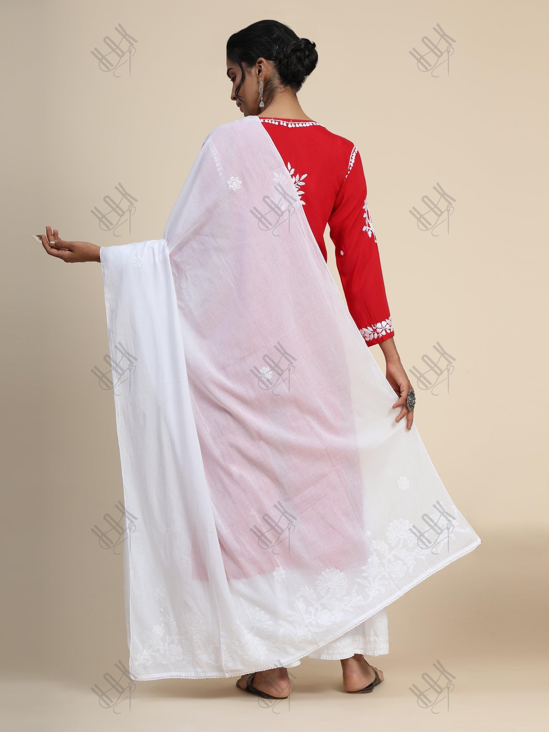 HOK Hand Embroidery Chikankari Dupatta in white - House Of Kari (Chikankari Clothing)