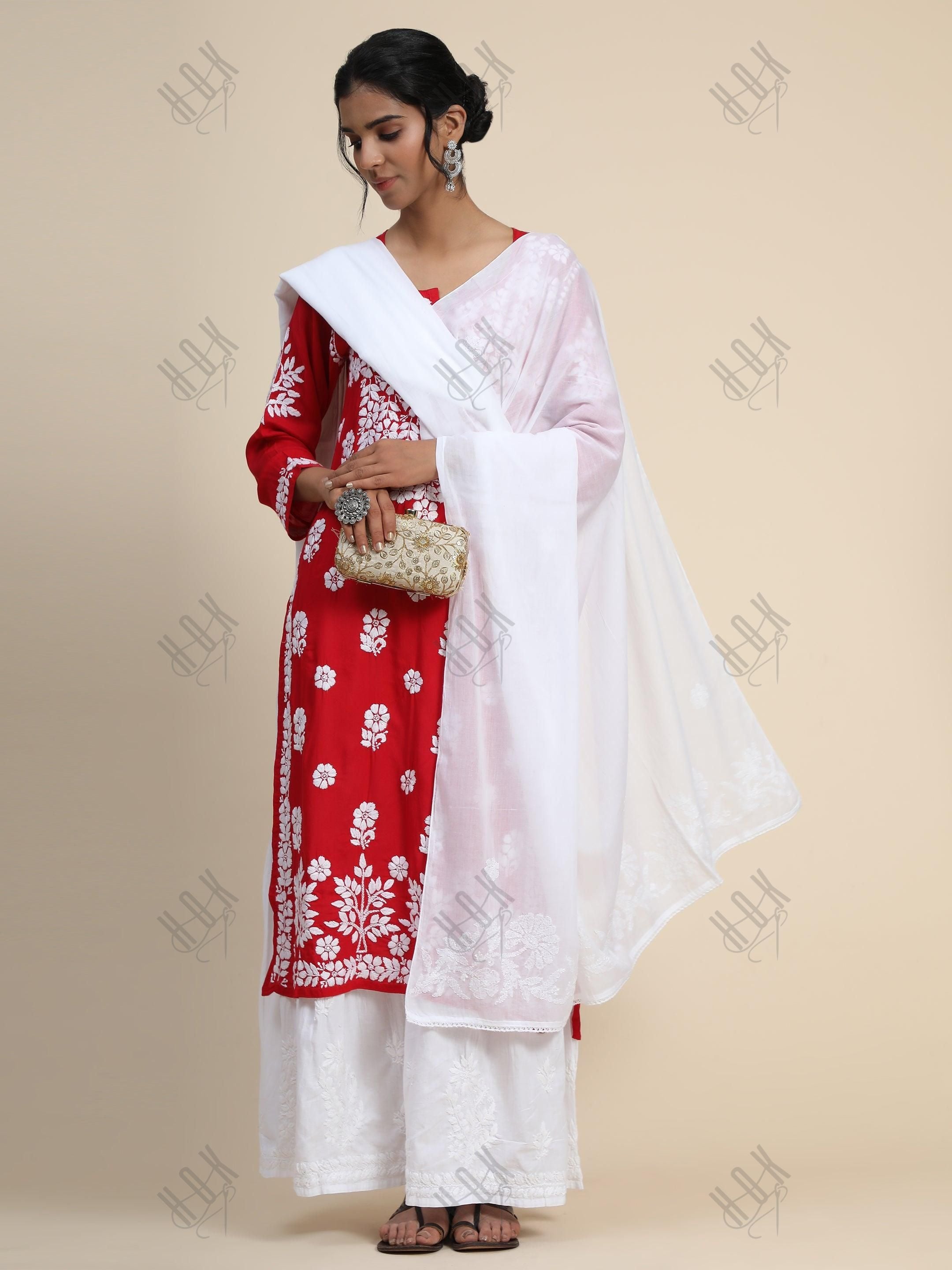 HOK Hand Embroidery Chikankari Dupatta in white - House Of Kari (Chikankari Clothing)