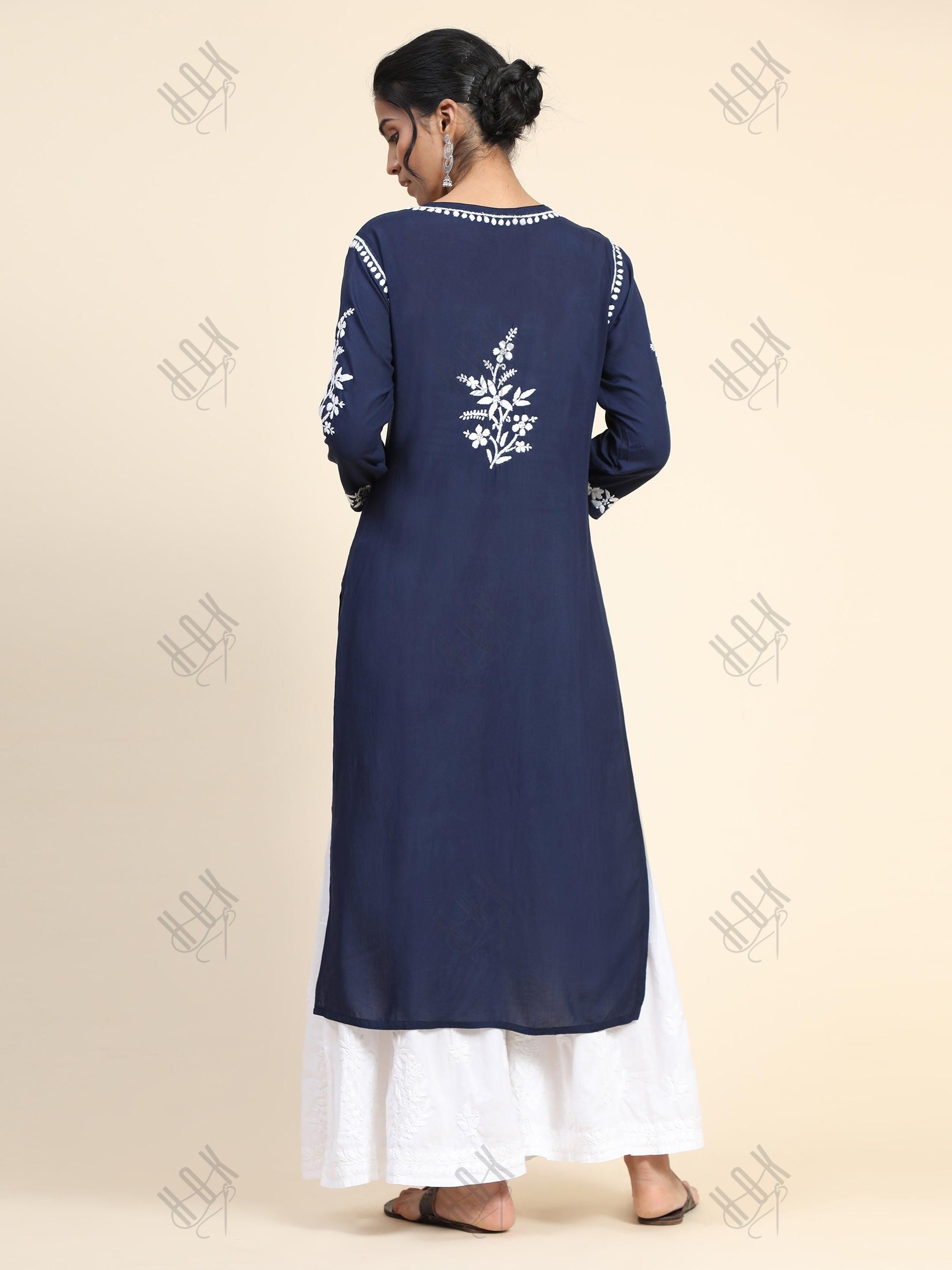 Simran in Premium Hand Embroidery Chikankari Kurta Modal Cotton- Blue - House Of Kari (Chikankari Clothing)