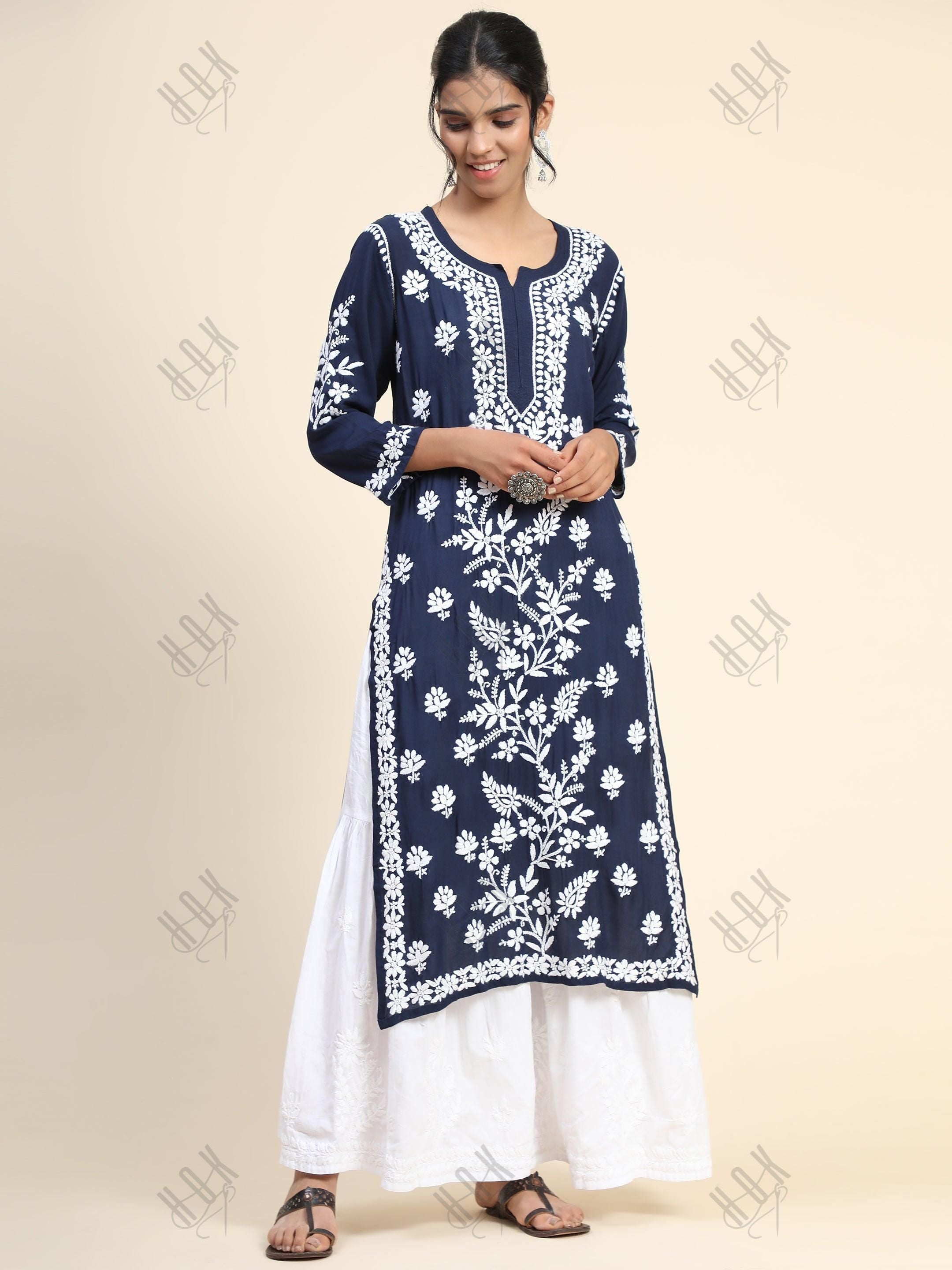 Premium Hand Embroidery Chikankari Kurta Modal Cotton- Blue - House Of Kari (Chikankari Clothing)