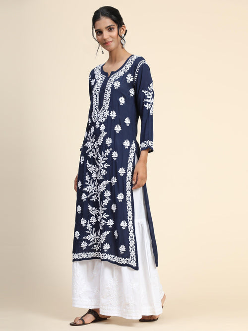 Simran in Premium Hand Embroidery Chikankari Kurta Modal Cotton- Blue - House Of Kari (Chikankari Clothing)