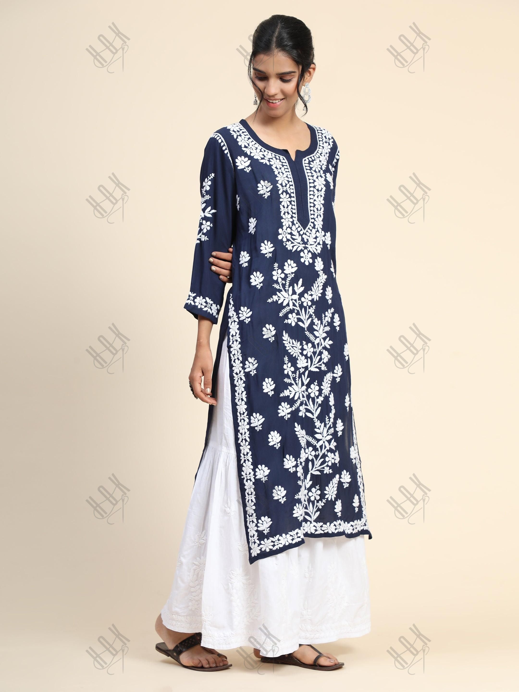 Premium Hand Embroidery Chikankari Kurta Modal Cotton- Blue - House Of Kari (Chikankari Clothing)