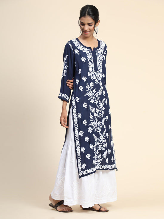 Load image into Gallery viewer, Premium Hand Embroidery Chikankari Kurta Modal Cotton- Blue - House Of Kari (Chikankari Clothing)
