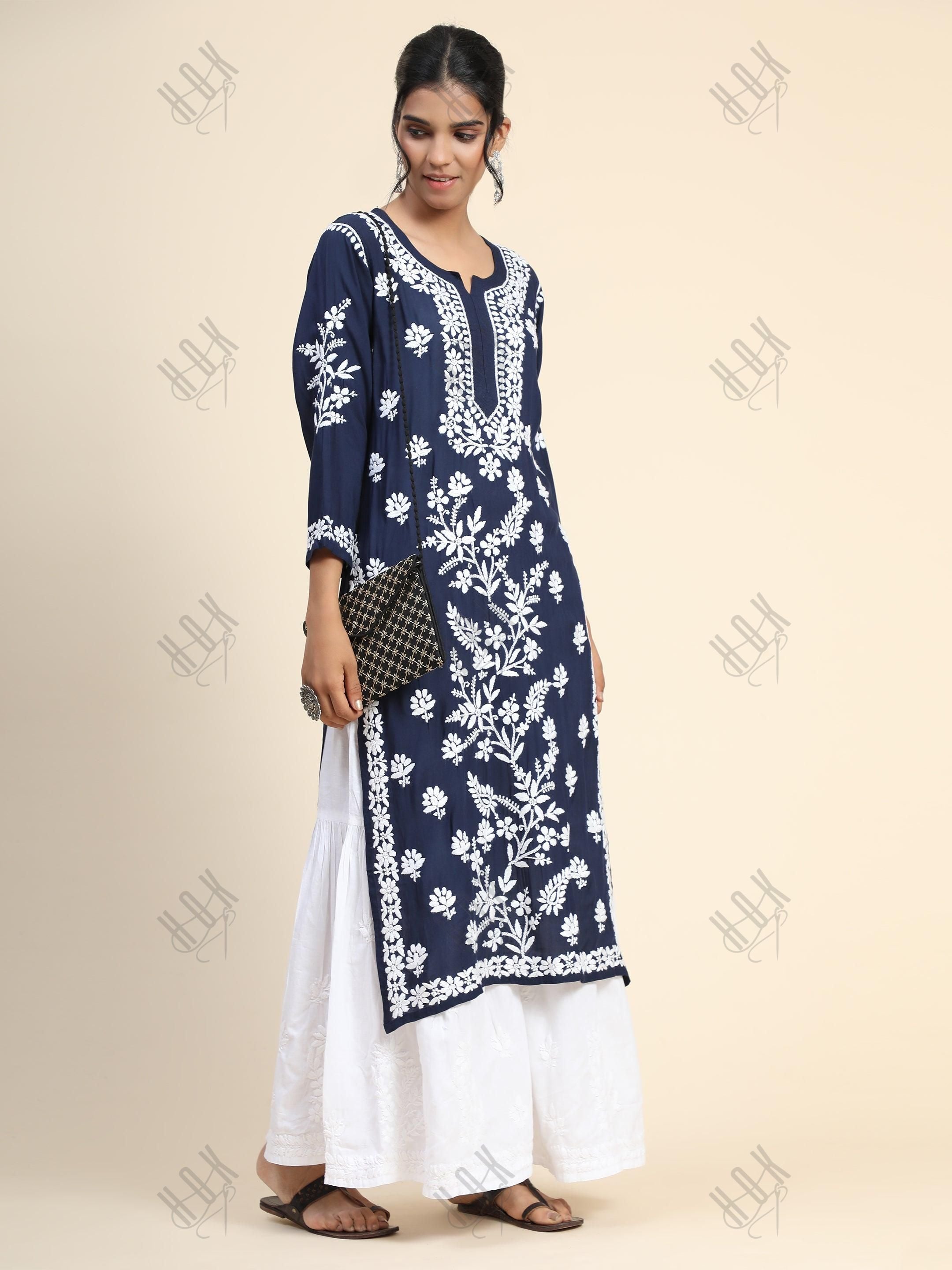 Premium Hand Embroidery Chikankari Kurta Modal Cotton- Blue - House Of Kari (Chikankari Clothing)