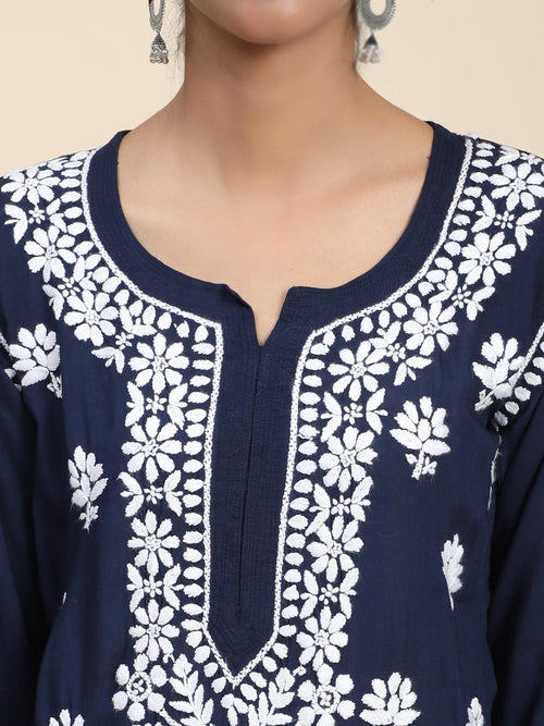 Simran in Premium Hand Embroidery Chikankari Kurta Modal Cotton- Blue - House Of Kari (Chikankari Clothing)