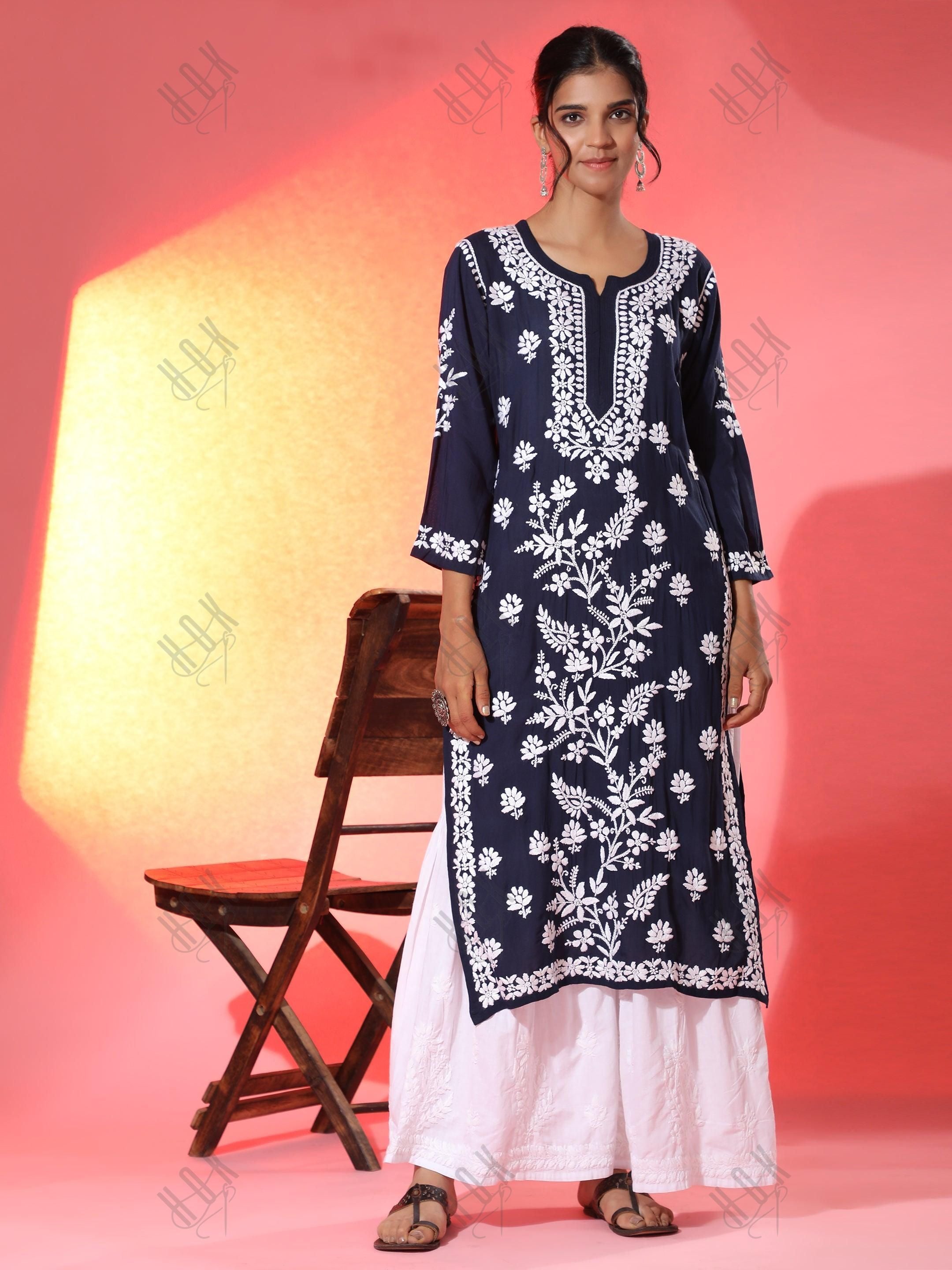 Premium Hand Embroidery Chikankari Kurta Modal Cotton- Blue - House Of Kari (Chikankari Clothing)