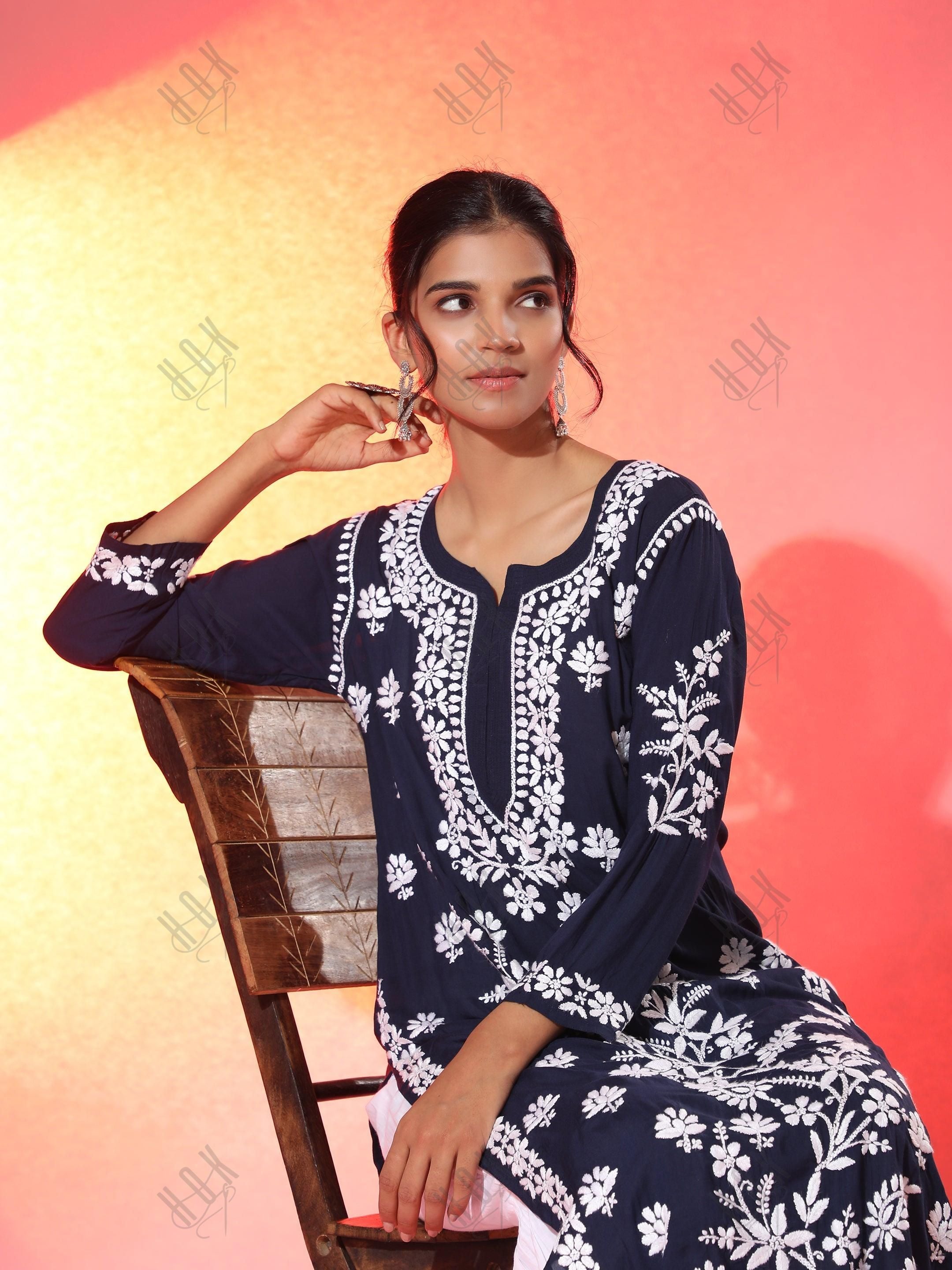 Premium Hand Embroidery Chikankari Kurta Modal Cotton- Blue - House Of Kari (Chikankari Clothing)