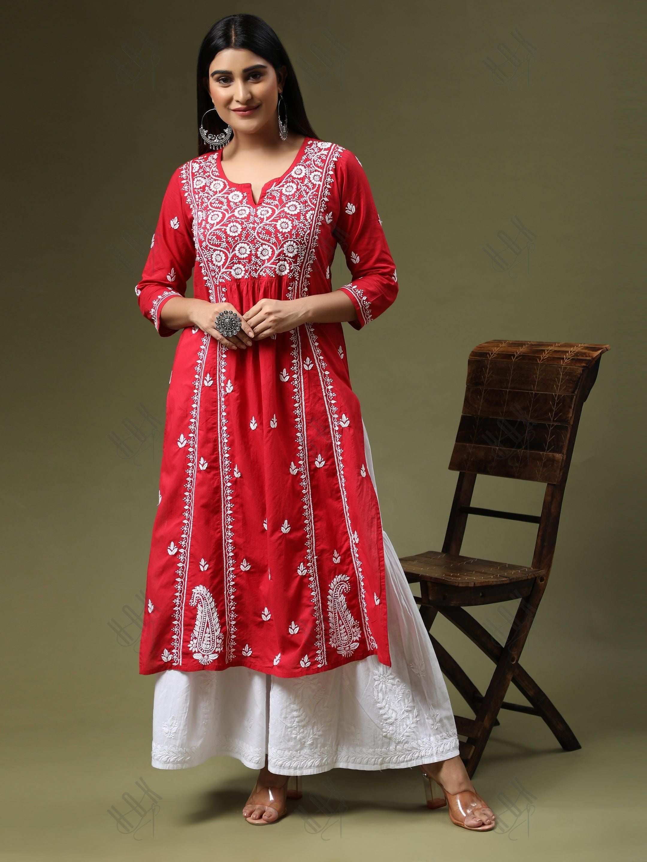 Hand Embroidery Chikankari Long Kurti for Women - House Of Kari (Chikankari Clothing)