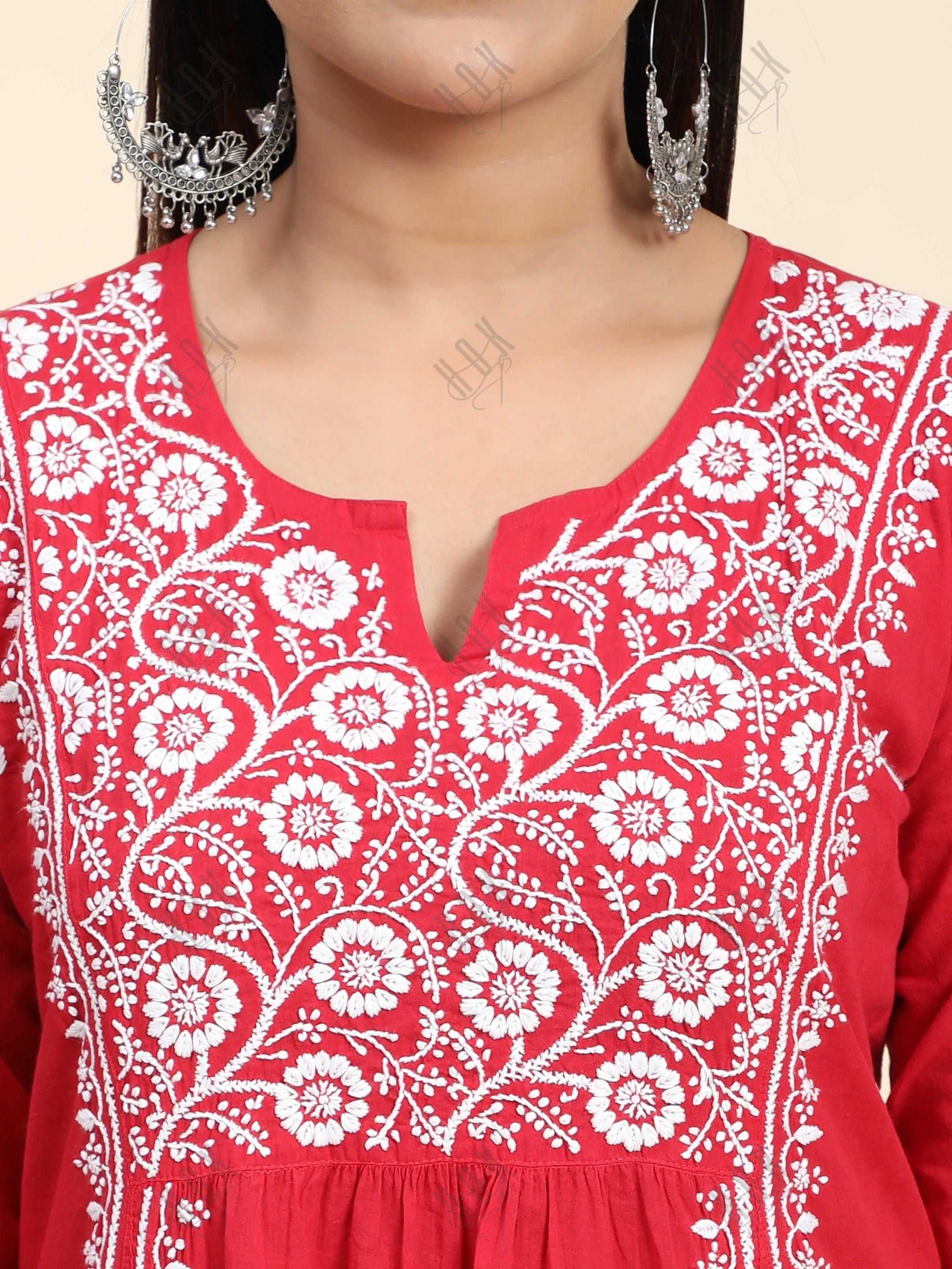 Hand Embroidery Chikankari Long Kurti for Women - House Of Kari (Chikankari Clothing)