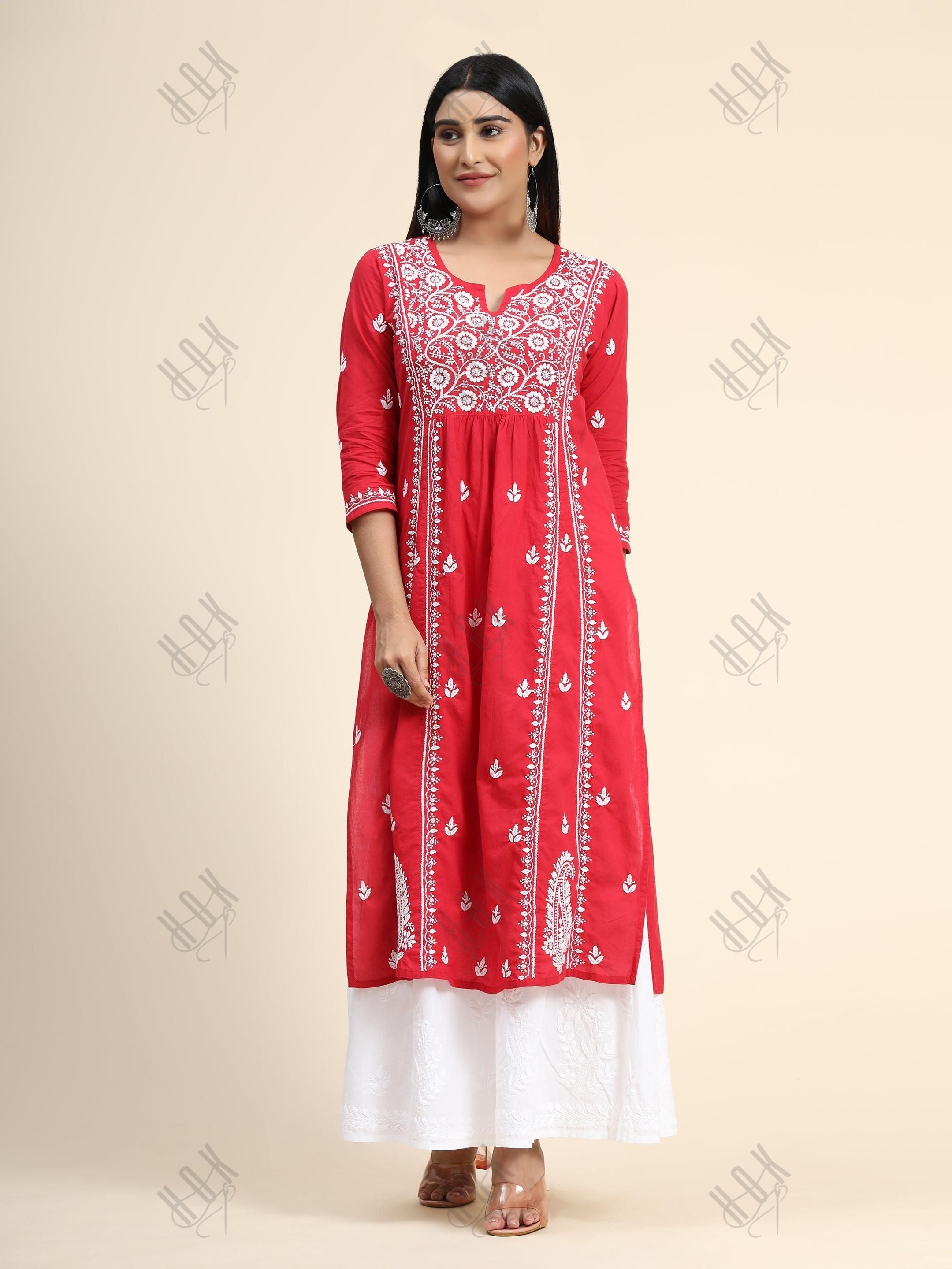 Hand Embroidery Chikankari Long Kurti for Women - House Of Kari (Chikankari Clothing)