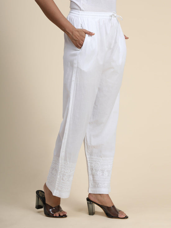 HOK Chikankari Cotton White Pant Trouser - House Of Kari (Chikankari Clothing)