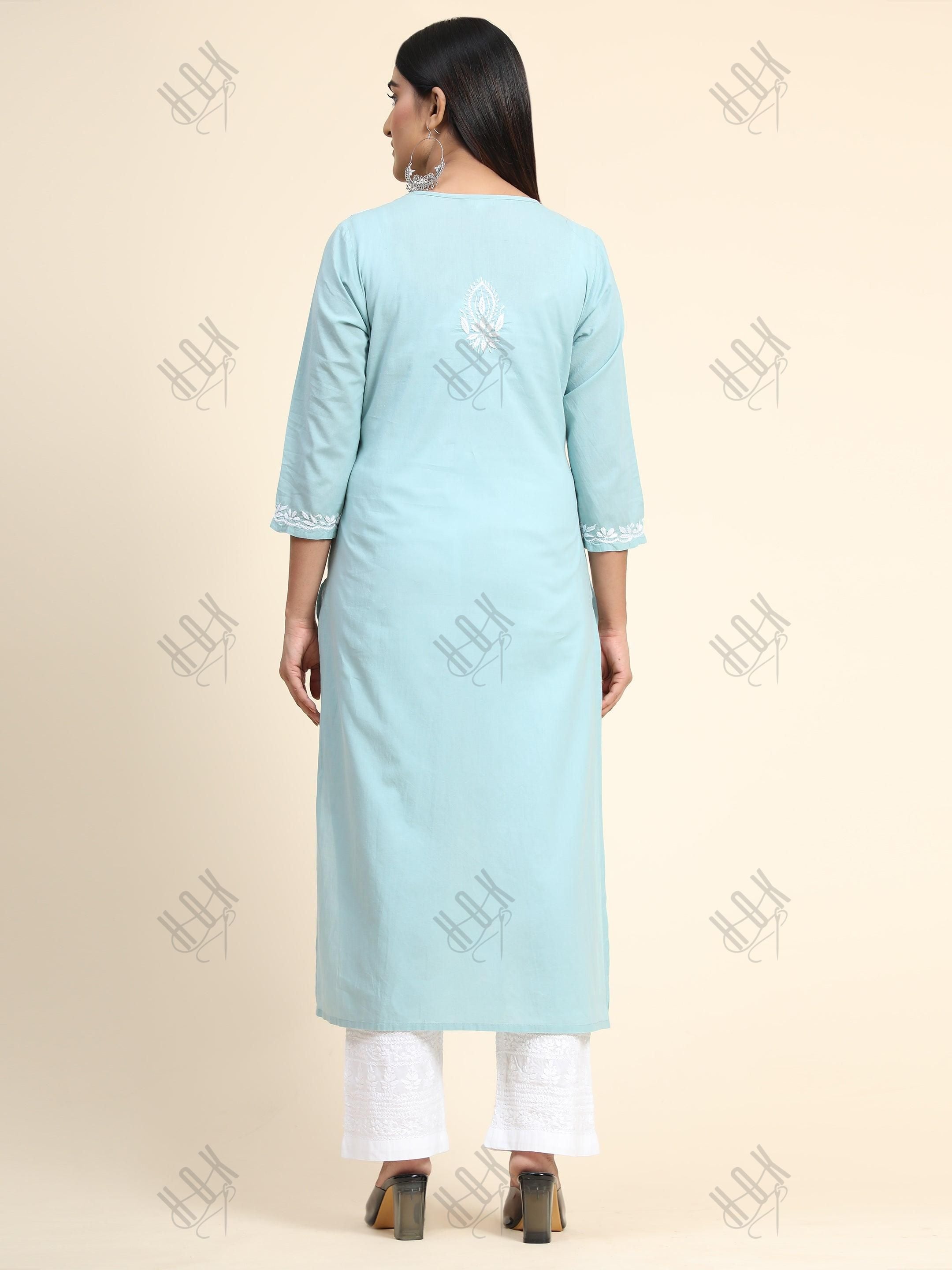 Hand Embroidery Chikankari Long Kurti for Women - Sea Blue - House Of Kari (Chikankari Clothing)