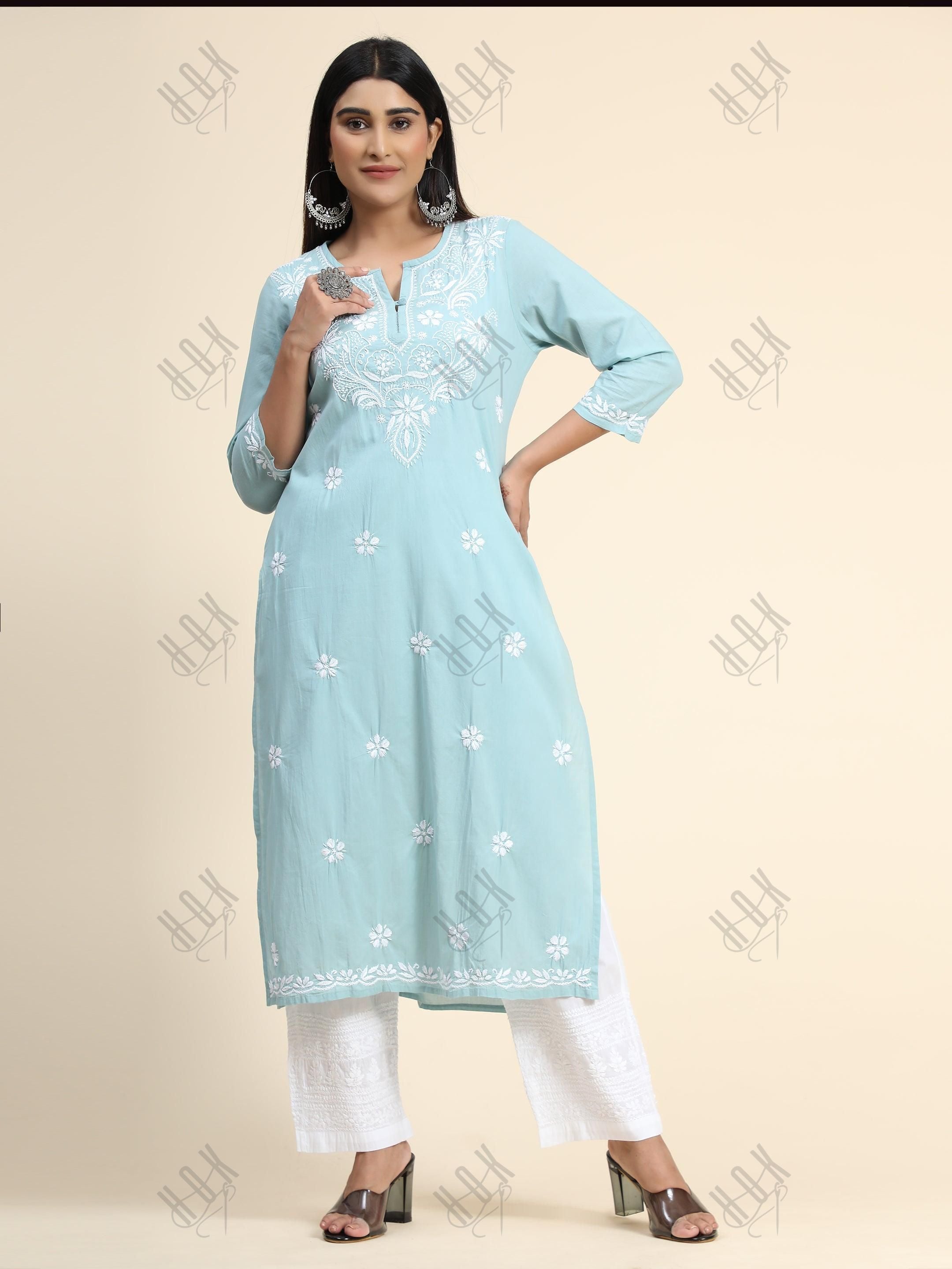 Hand Embroidery Chikankari Long Kurti for Women - Sea Blue - House Of Kari (Chikankari Clothing)