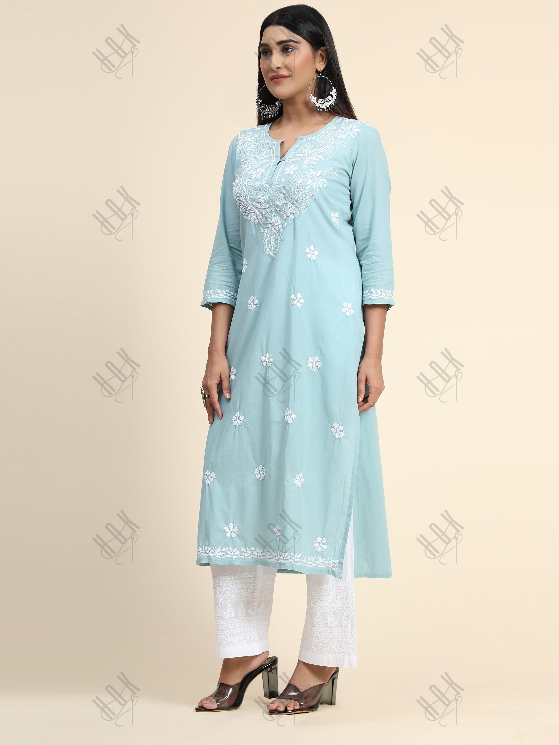 Hand Embroidery Chikankari Long Kurti for Women - Sea Blue - House Of Kari (Chikankari Clothing)