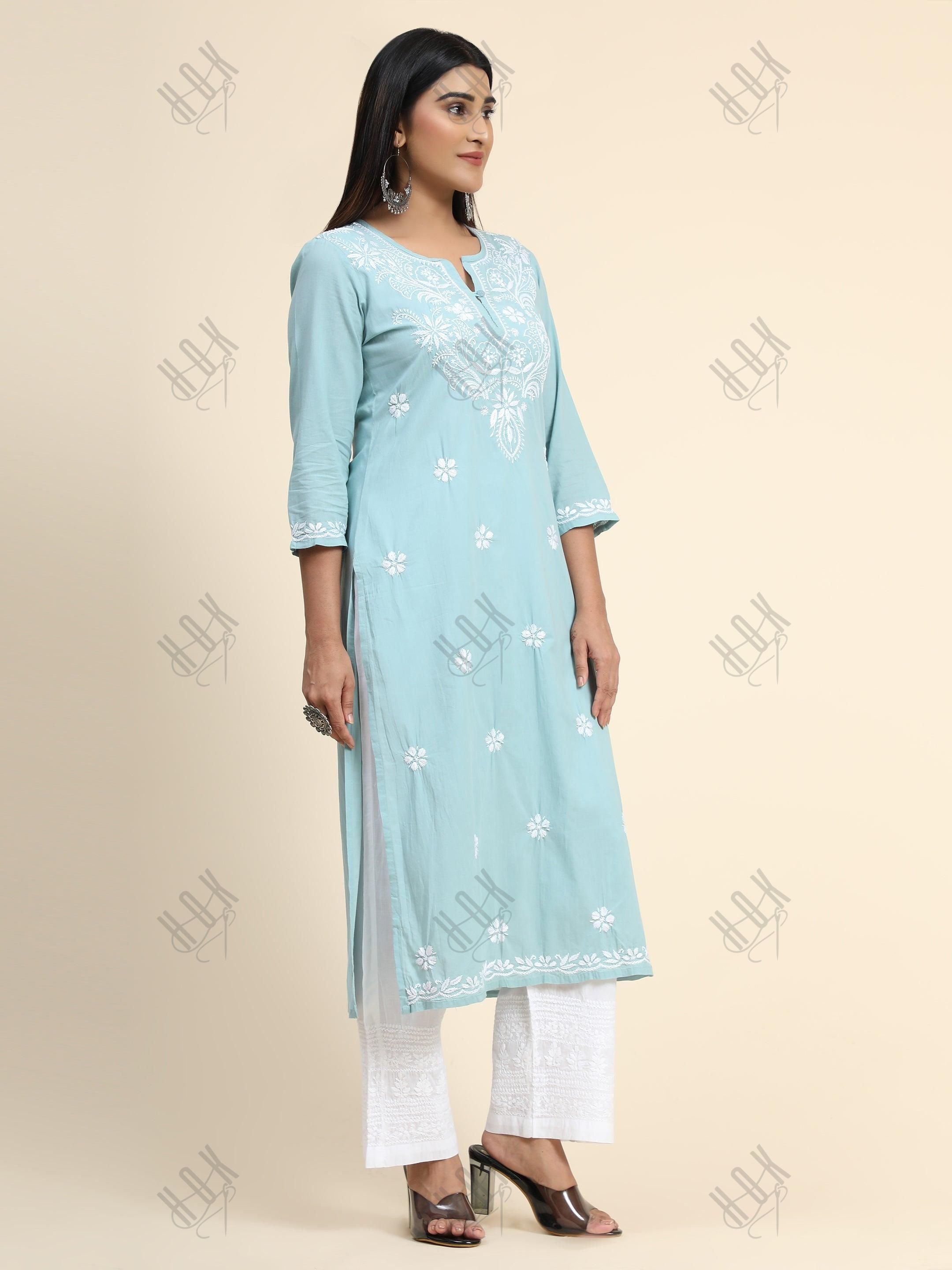 Hand Embroidery Chikankari Long Kurti for Women - Sea Blue - House Of Kari (Chikankari Clothing)