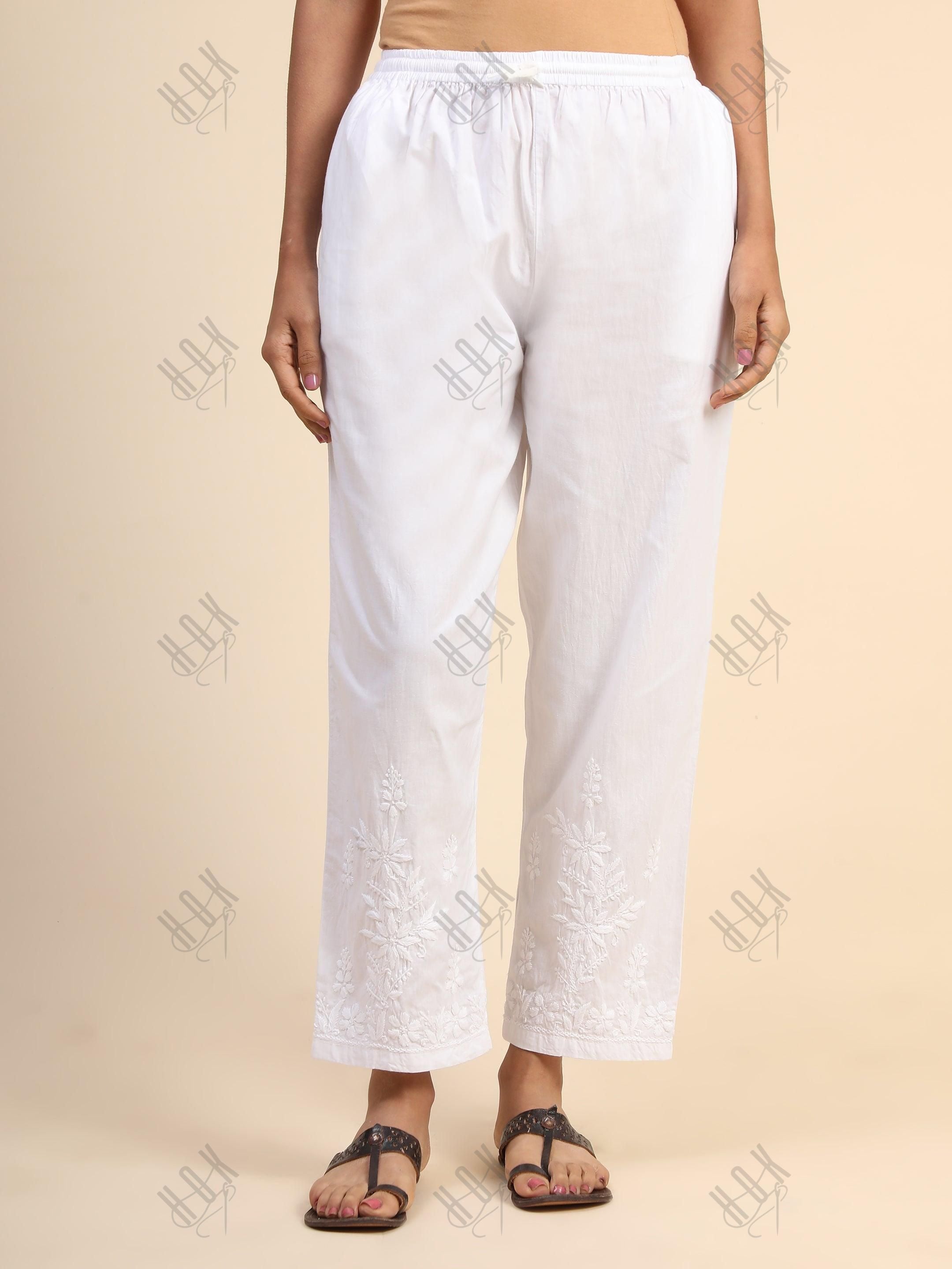 House Of Kari Chikankari Embroidered Cotton White Relaxed Pants-10 - House Of Kari (Chikankari Clothing)