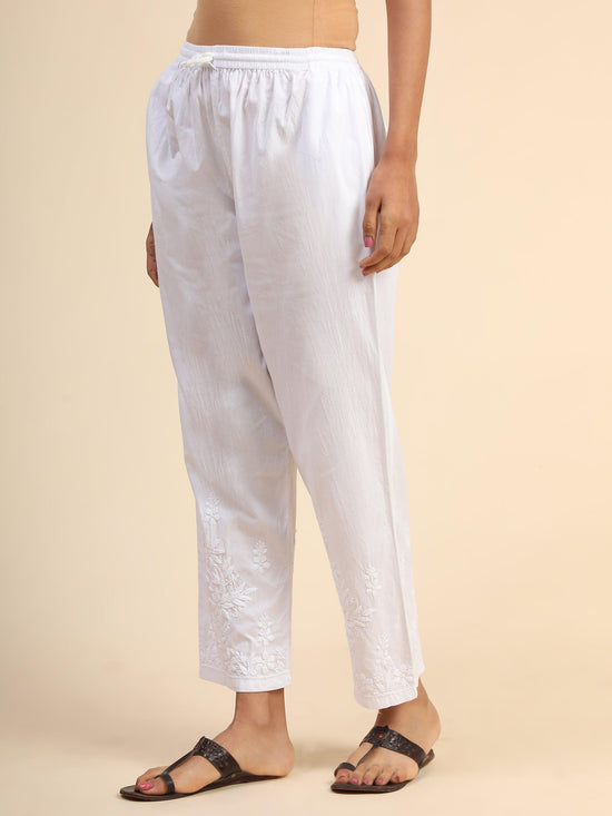 House Of Kari Chikankari Embroidered Cotton White Relaxed Pants-10 - House Of Kari (Chikankari Clothing)