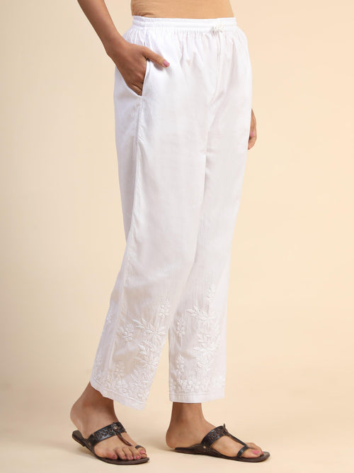 House Of Kari Chikankari Embroidered Cotton White Relaxed Pants-10 - House Of Kari (Chikankari Clothing)