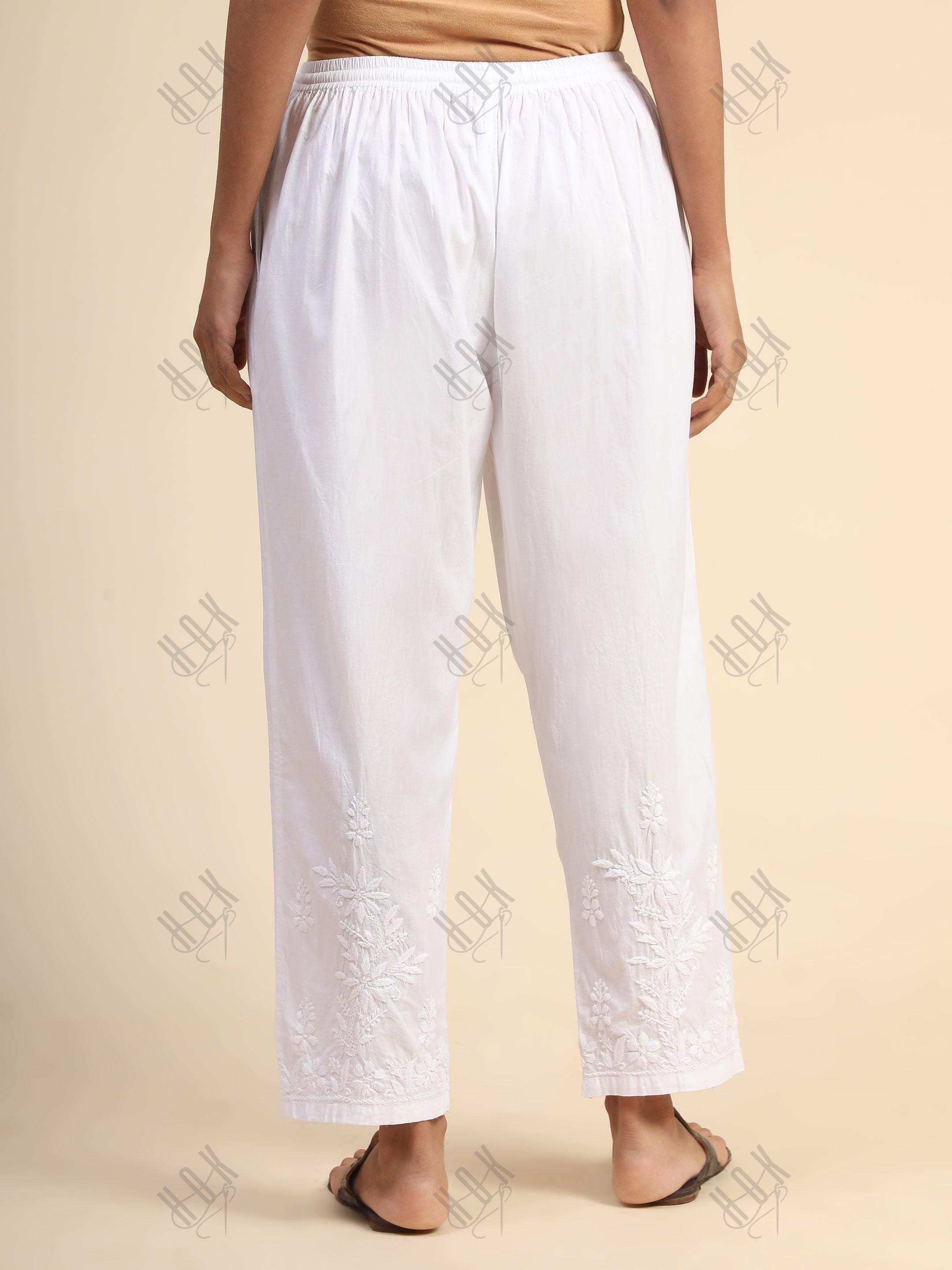 House Of Kari Chikankari Embroidered Cotton White Relaxed Pants-10 - House Of Kari (Chikankari Clothing)