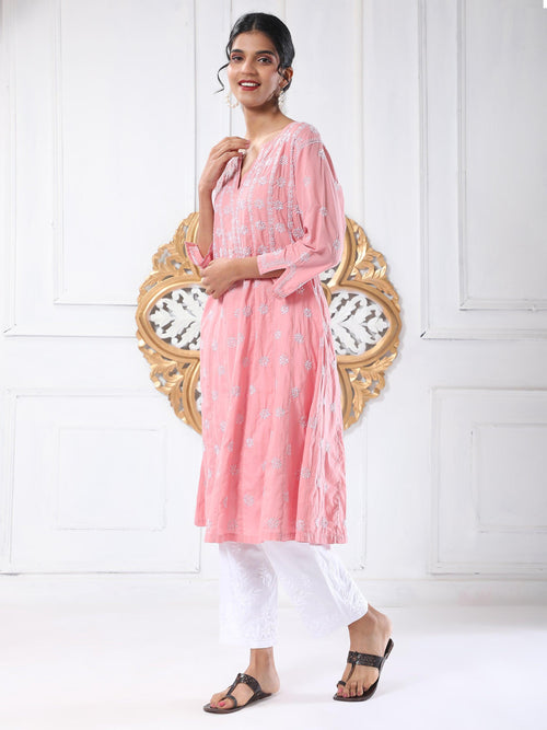 Load image into Gallery viewer, Noor Chikankari Hand embroidery Anarkali Dress in Cotton Pink - House Of Kari (Chikankari Clothing)

