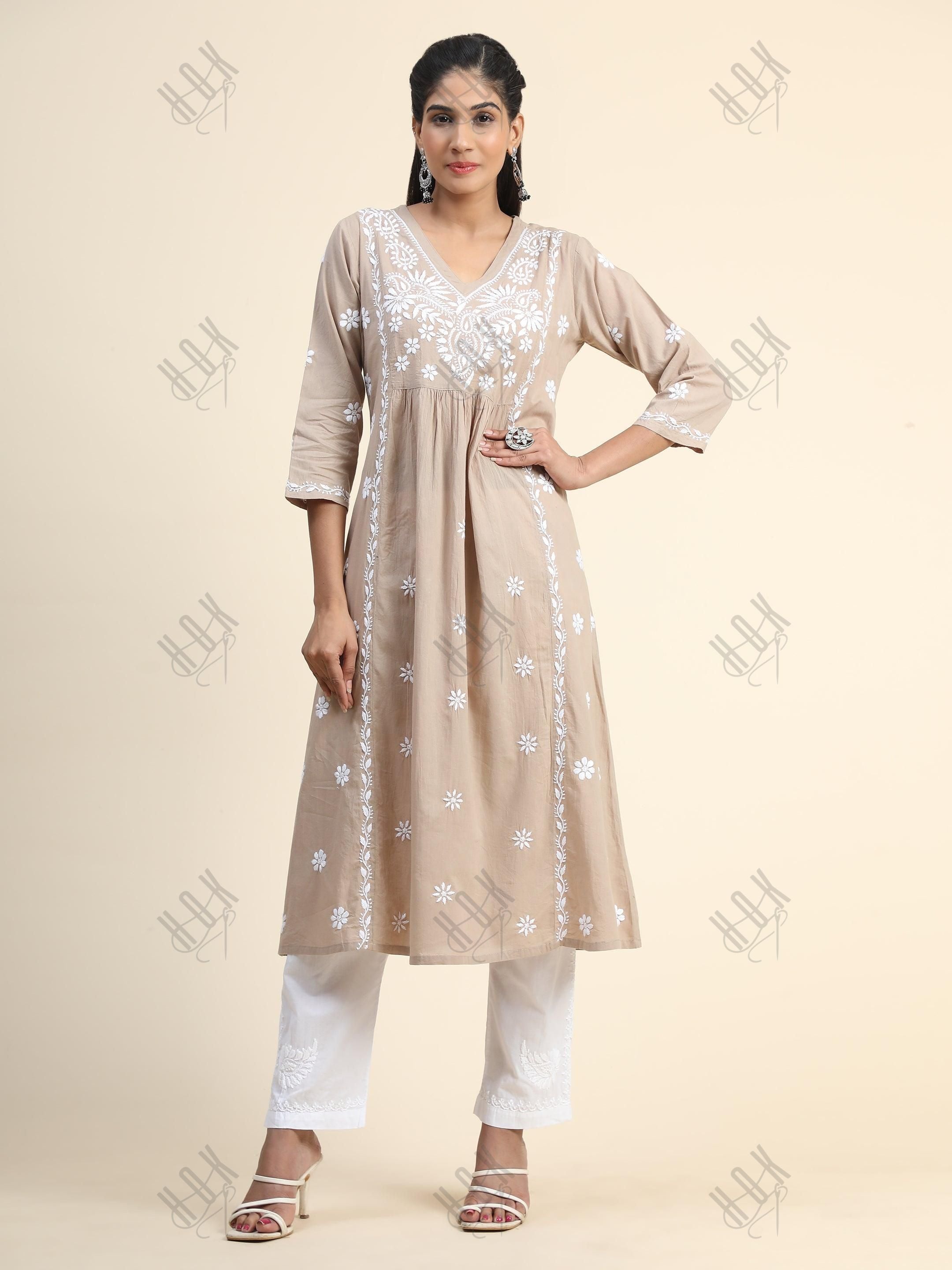 Arti Chauhan in HOK Chikankari Anarkali Kurti for Women - Beige - House Of Kari (Chikankari Clothing)