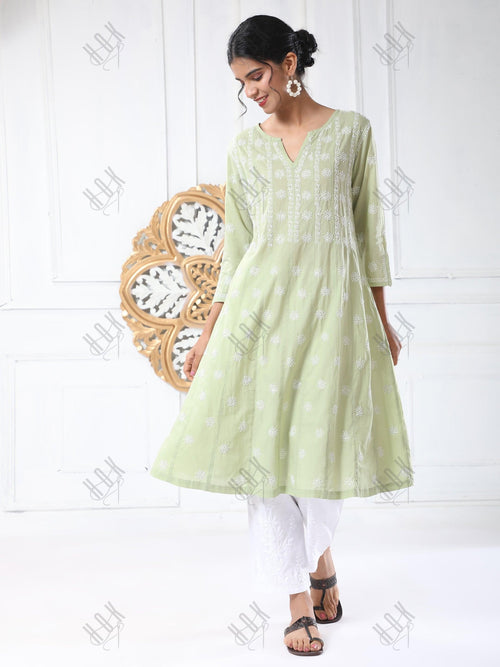 Aarushe in Noor Chikankari Hand embroidery Anarkali Dress in Cotton Green - House Of Kari (Chikankari Clothing)