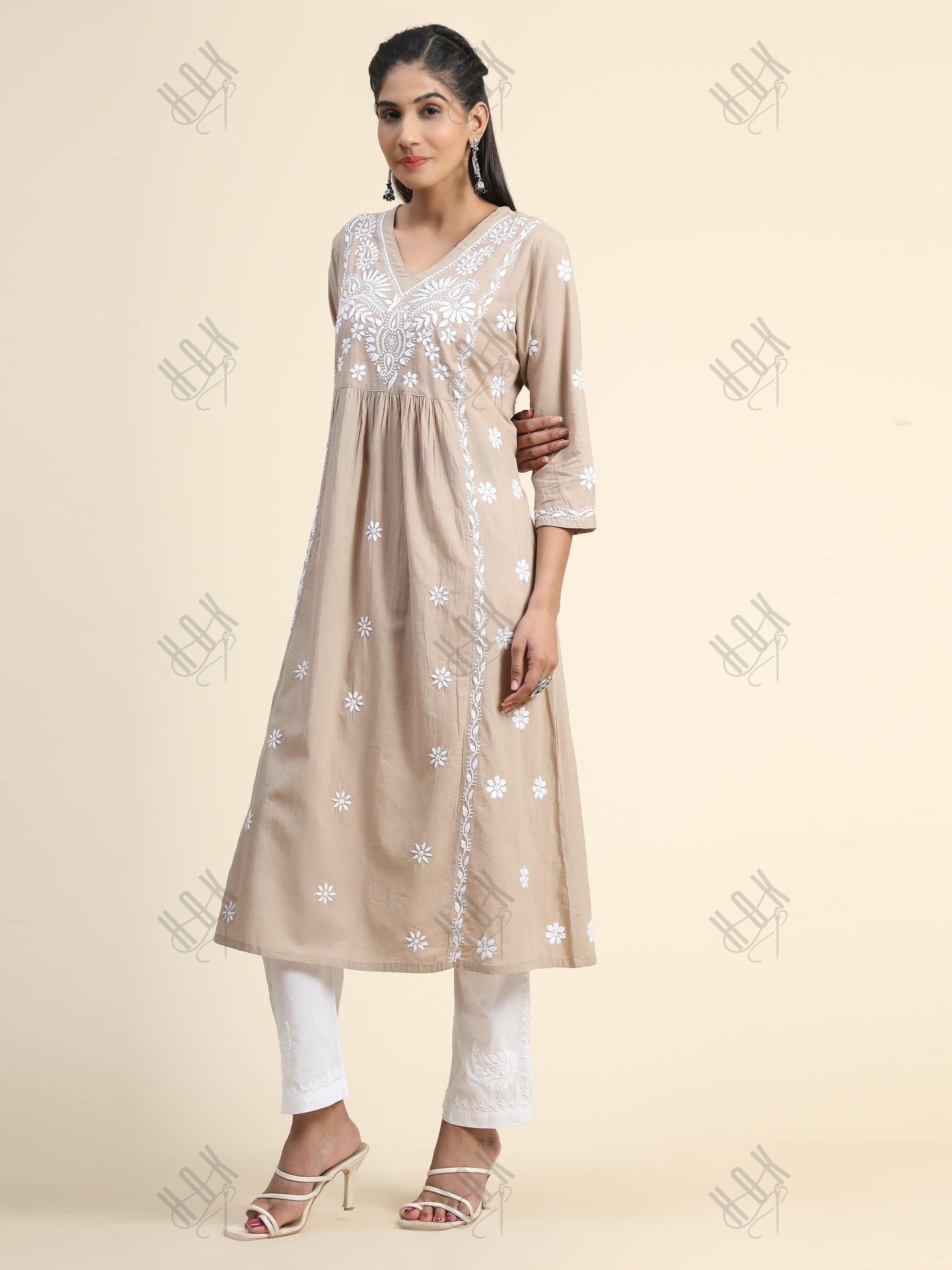 Arti Chauhan in HOK Chikankari Anarkali Kurti for Women - Beige - House Of Kari (Chikankari Clothing)