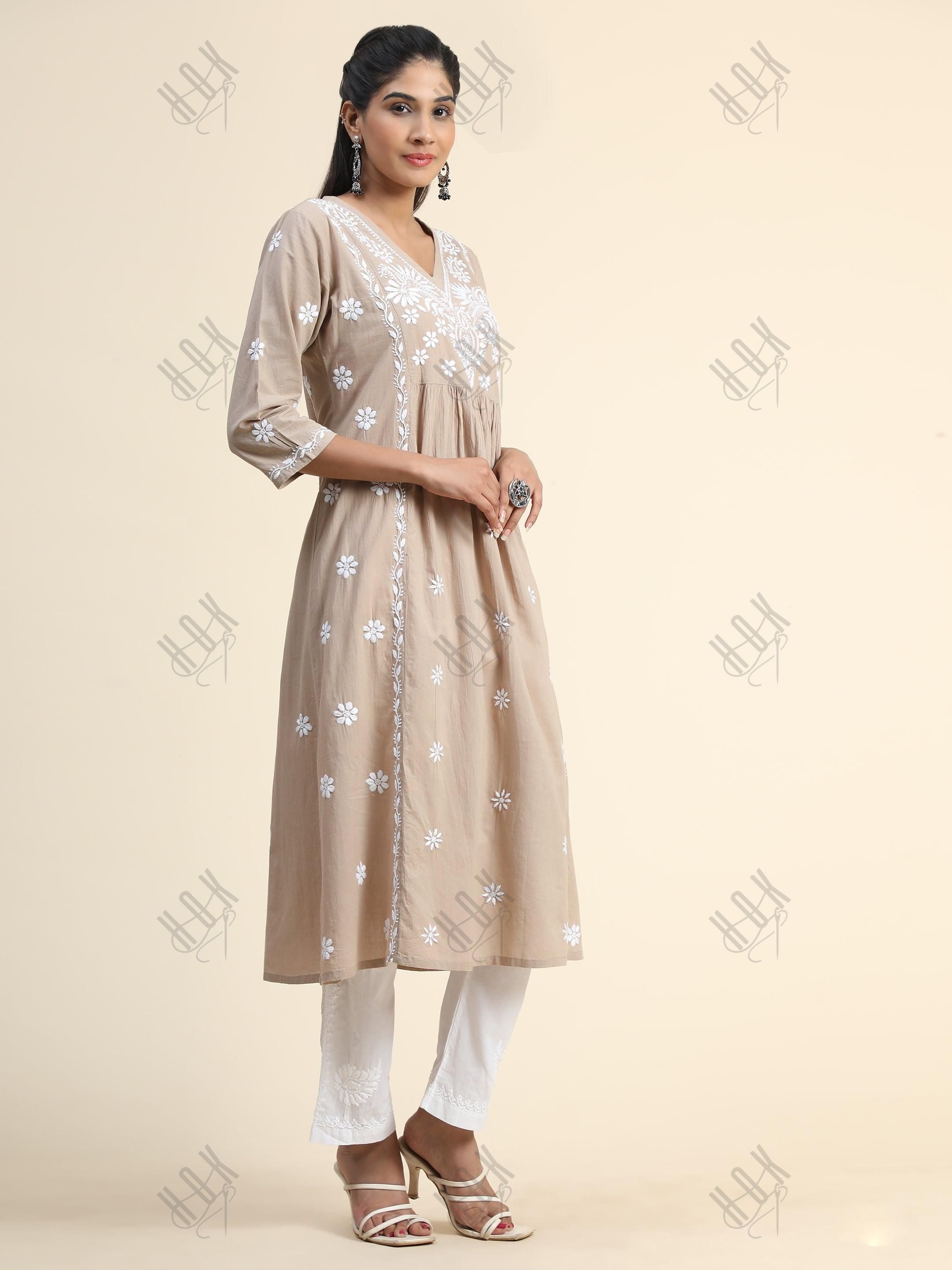 Arti Chauhan in HOK Chikankari Anarkali Kurti for Women - Beige - House Of Kari (Chikankari Clothing)