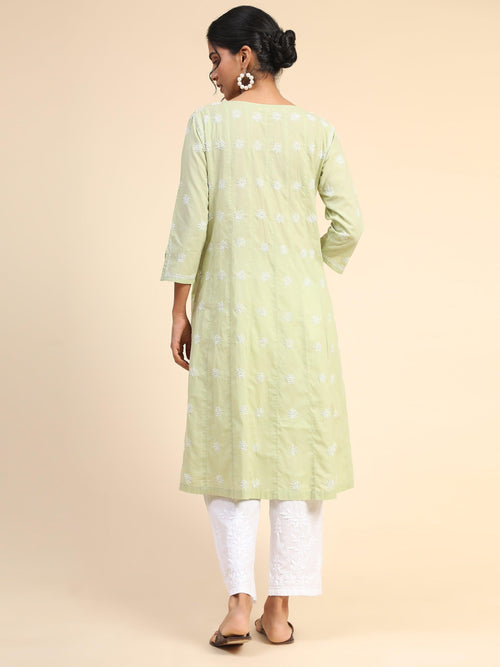 Aarushe in Noor Chikankari Hand embroidery Anarkali Dress in Cotton Green - House Of Kari (Chikankari Clothing)
