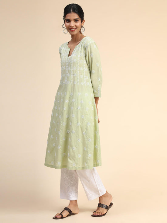 Noor Chikankari Hand embroidery Anarkali Dress in Cotton Green - House Of Kari (Chikankari Clothing)