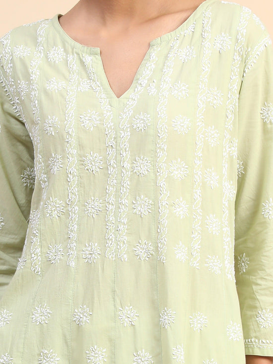 Noor Chikankari Hand embroidery Anarkali Dress in Cotton Green - House Of Kari (Chikankari Clothing)