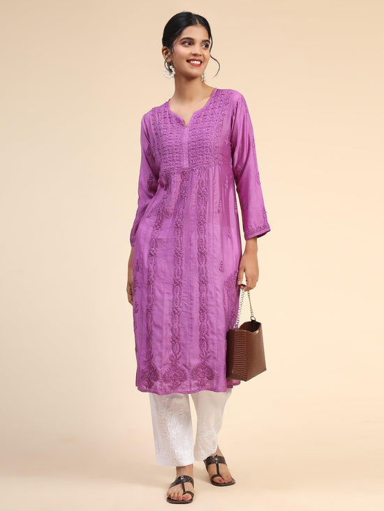 Gurleen in Noor HOK Hand Embroidery Chanderi Silk Purple - House Of Kari (Chikankari Clothing)
