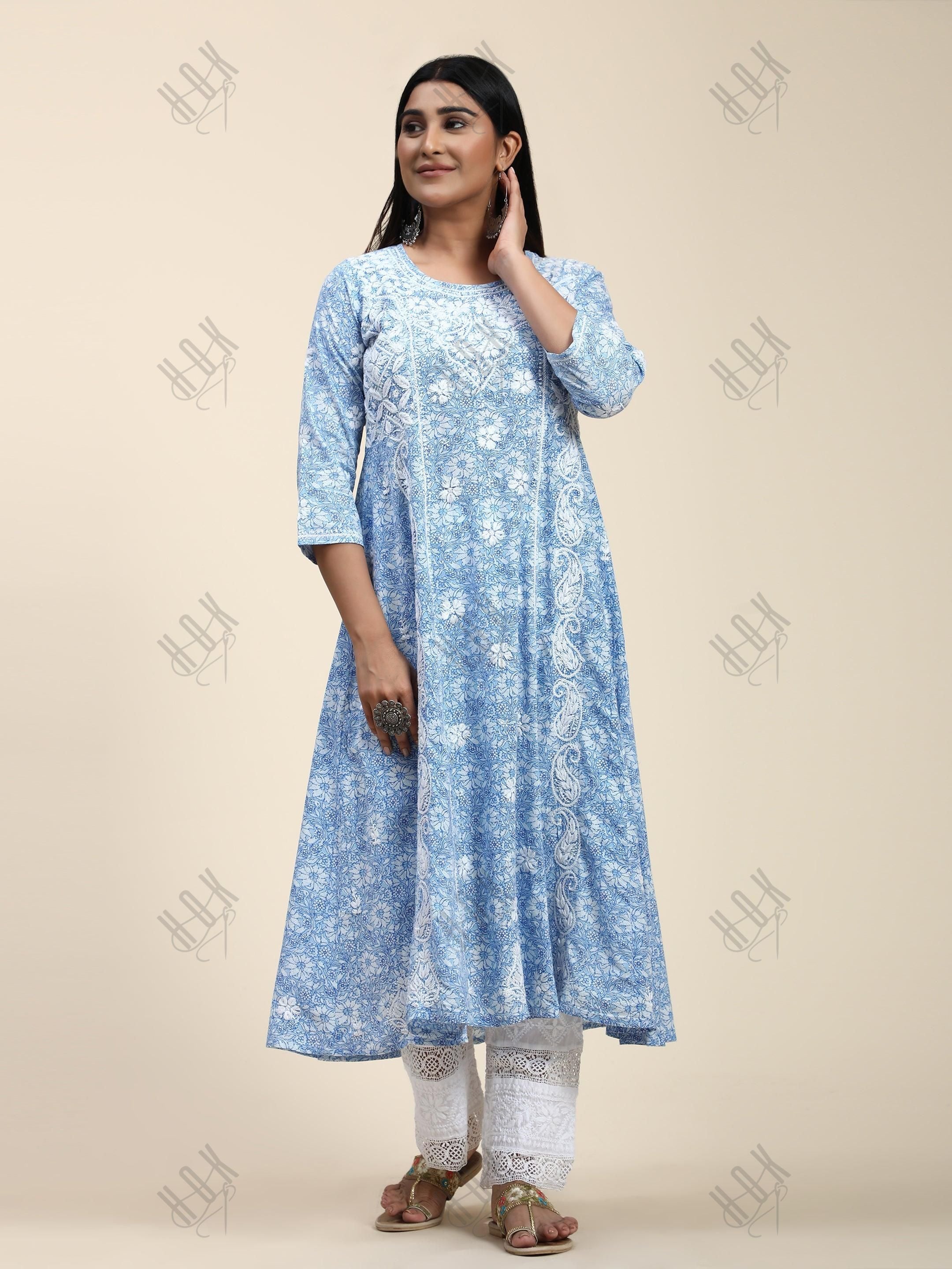 HOK Chikankari Anarkali Stylish Kurti -Printed Blue - House Of Kari (Chikankari Clothing)